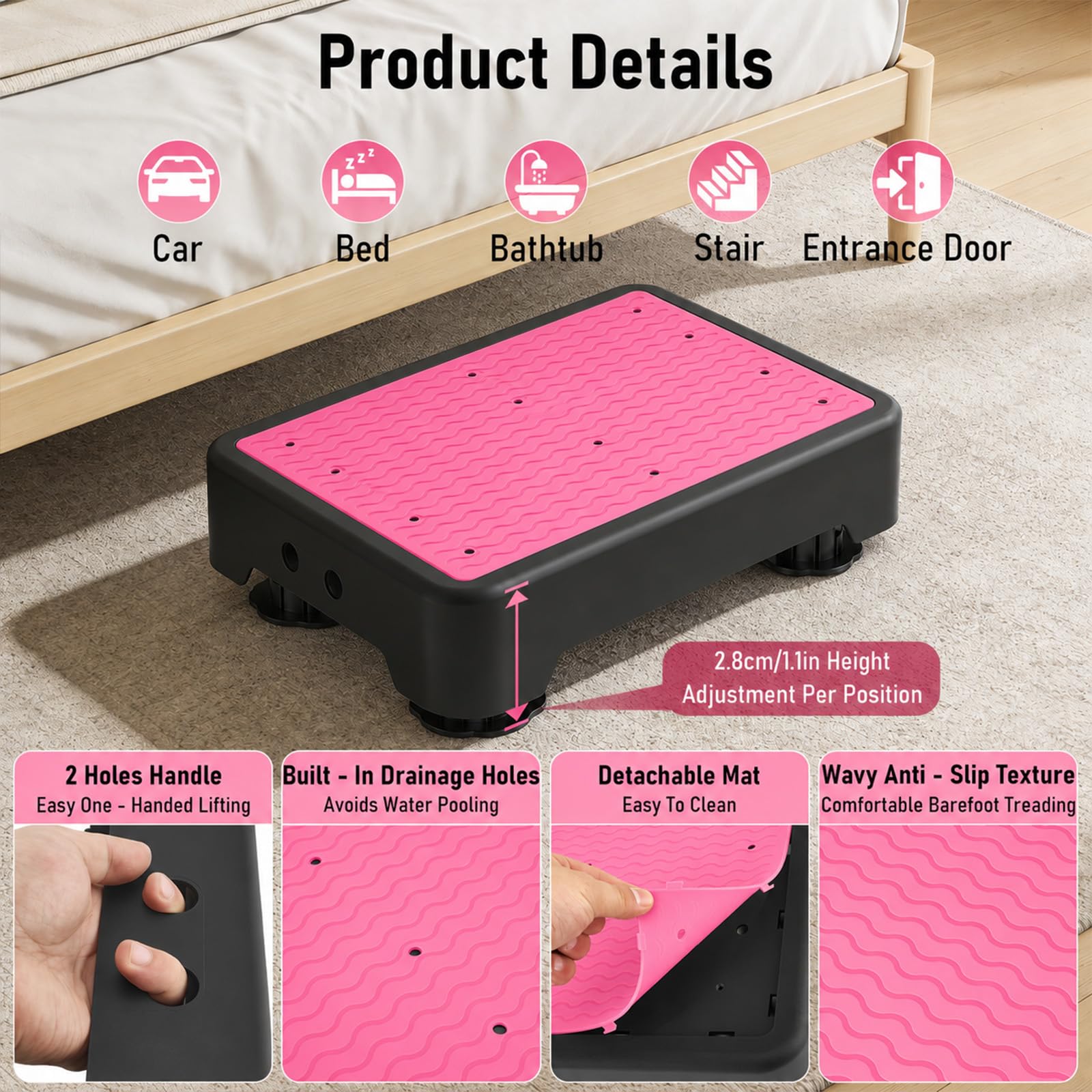 Escalón Antideslizante, Elevador para Mayores, Ducha, bañera, Coche | 42×32 cm, Capacidad 250 kg, 3 Alturas Regulables, Modo luz Nocturna, Antideslizante, Interior y Exterior
