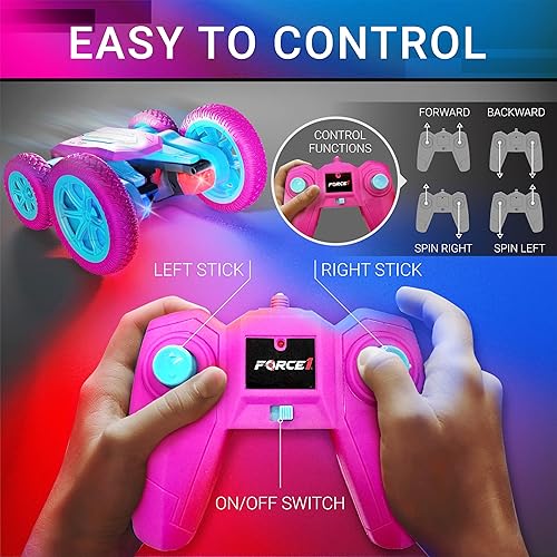 Miniatura 3 de Force1 Tornado - Auto de control remoto LED rosa para niños, conducción de doble cara, autos a control remoto rápido, 360 vueltas, 4WD al aire