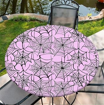 Round Fitted Tablecloth with Elastic Edge for 36in Tables,Washable Table Cover for Party Picnic Dinner Farmhouse Tabletop Decor - Pink Spider Web