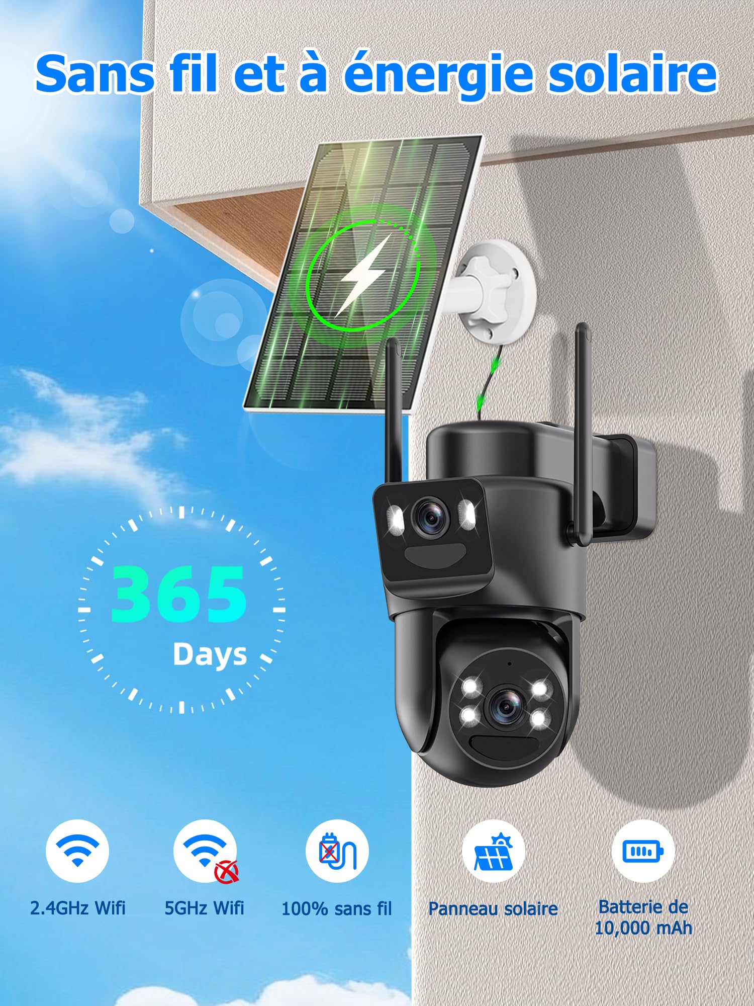 4K Camera Surveillance WiFi Exterieure sans Fil,AOV 24/7,Camera Solaire/Batterie 10000 mAh/Double Objectif,caméras de Surveillance Audio Bidirectionnel,360°PTZ Sécurité à Domicile,Suivi Automatique