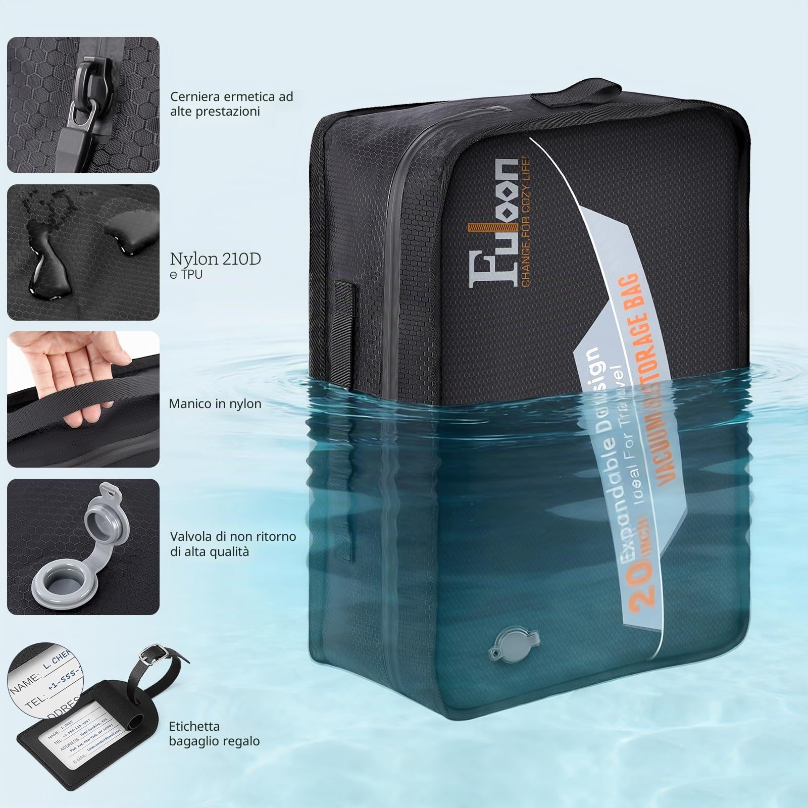 Fuloon Sacchetti Sottovuoto per Vestiti Riutilizzabili Con Pompa 22L,Impermeabili IP67,210D TPU Nylon Organizzatore Bagagli Per Viaggio Conservazione Casa