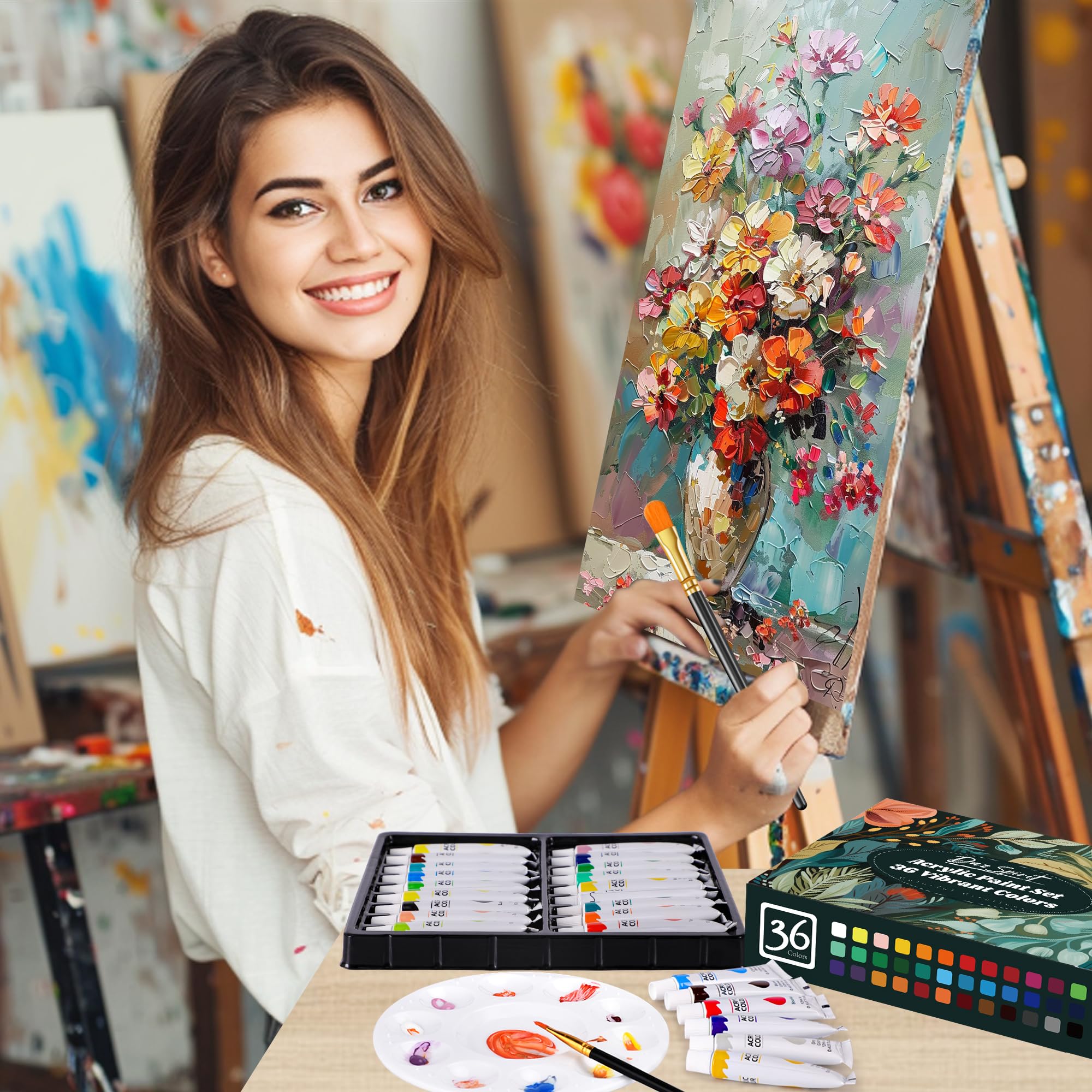 DazSpirit Set di Pittura Acrilica da 36 Colori | Colori Acrilici per Dipingere, Inclusi Pennelli, Palette e Tele, Colori Acrilici Ideale per Tela, Legno, Tessuto | per Principianti, Adulti e Bambini