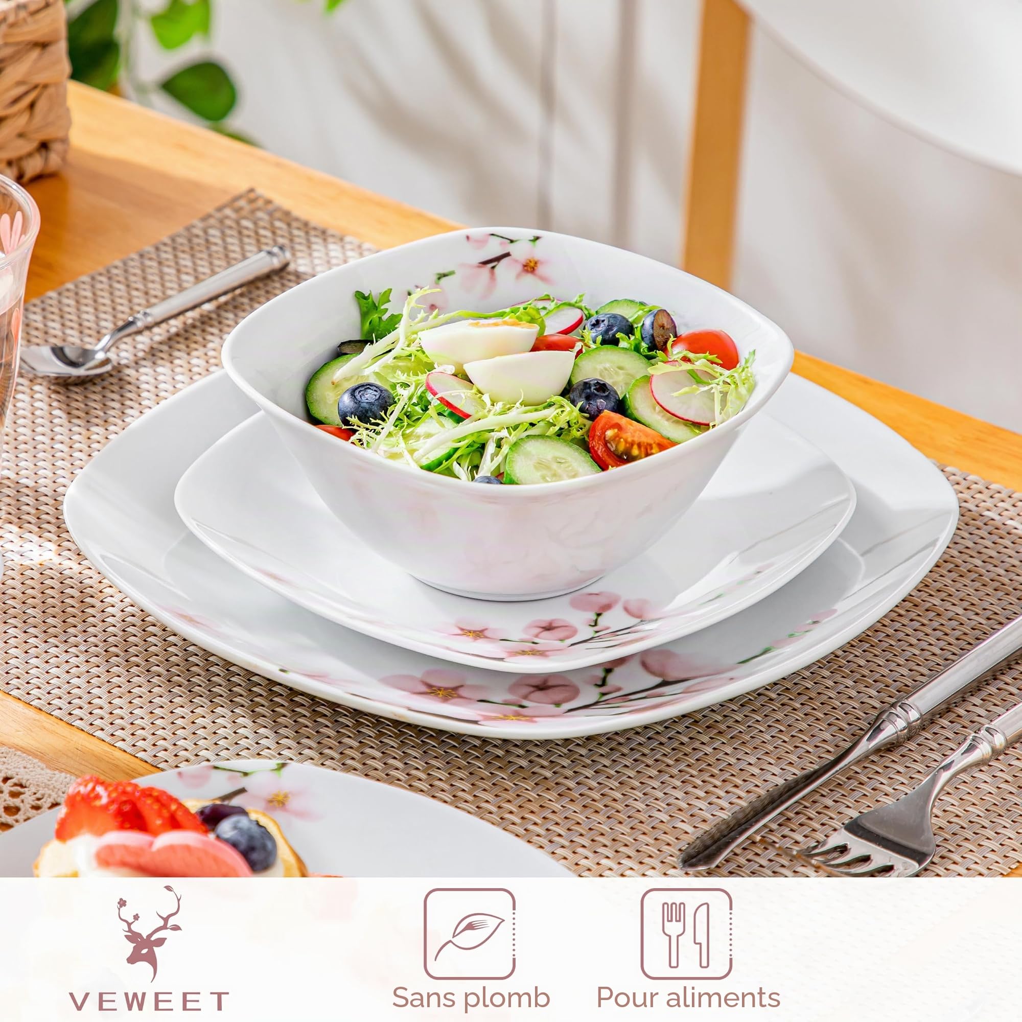VEWEET Service de table en porcelaine avec motif floral rose, 12 pièces comprenant assiettes, assiettes à dessert et bols à céréales, série Annie