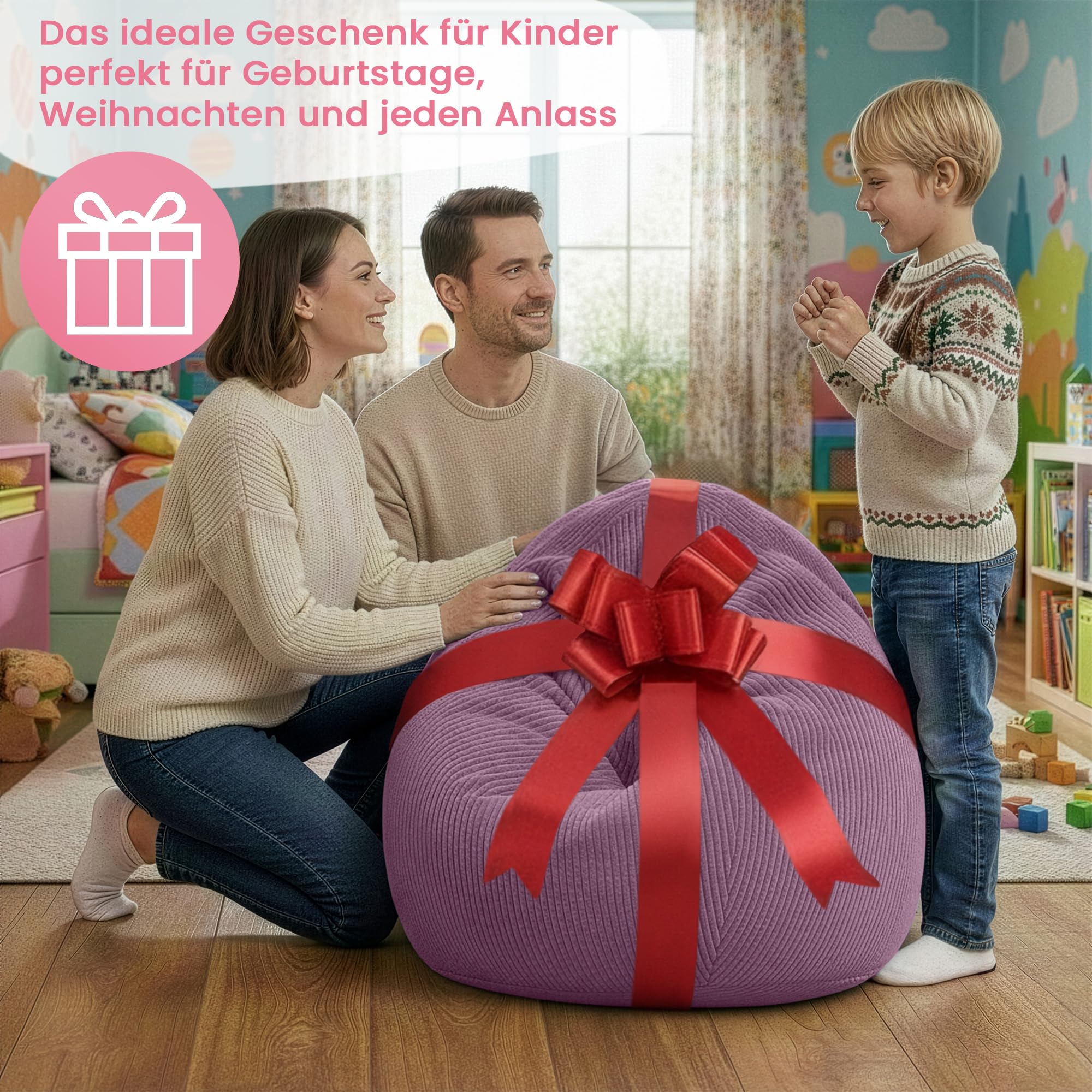 DreamRoots Sitzsack Kinder Cord 70x70x105 mit Hocker, Plum Smoothie | Bean Bag Chair mit Hocker, Lehne & Bezug, mit Füllung, Sitzkissen Boden, Kindersitzsack Kinderzimmer