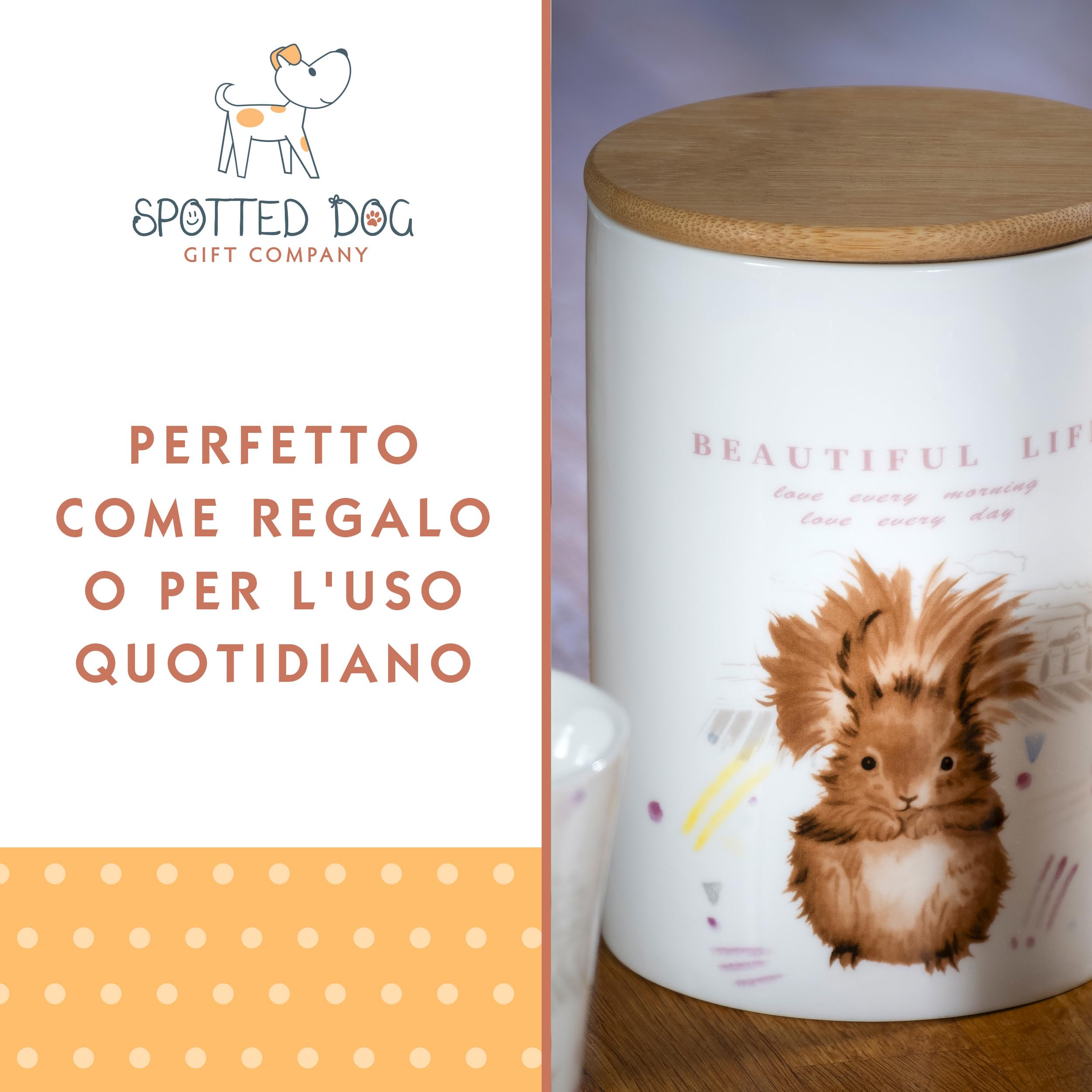 SPOTTED DOG GIFT COMPANY - Set di 3 barattoli da cucina a tema animale - per sale, zucchero, caffè - idee regalo - in ceramica con coperchio in legno - bianco - 1,2 L