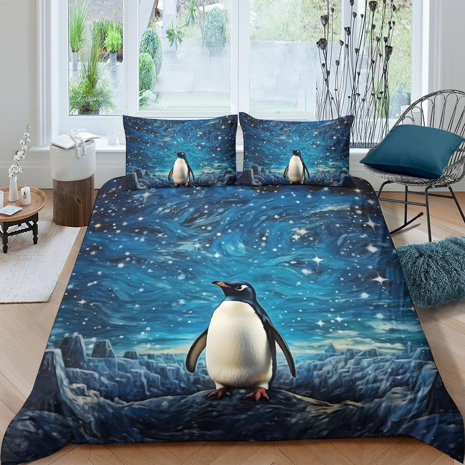 Ctjqhvkz Style-3 3D Printed Night Sky Penguin Fitted Sheet Microfiber Soft Anti-Slip Bed Cover For Bedroom Guest Room Dorm Decor Single（135X200cm）