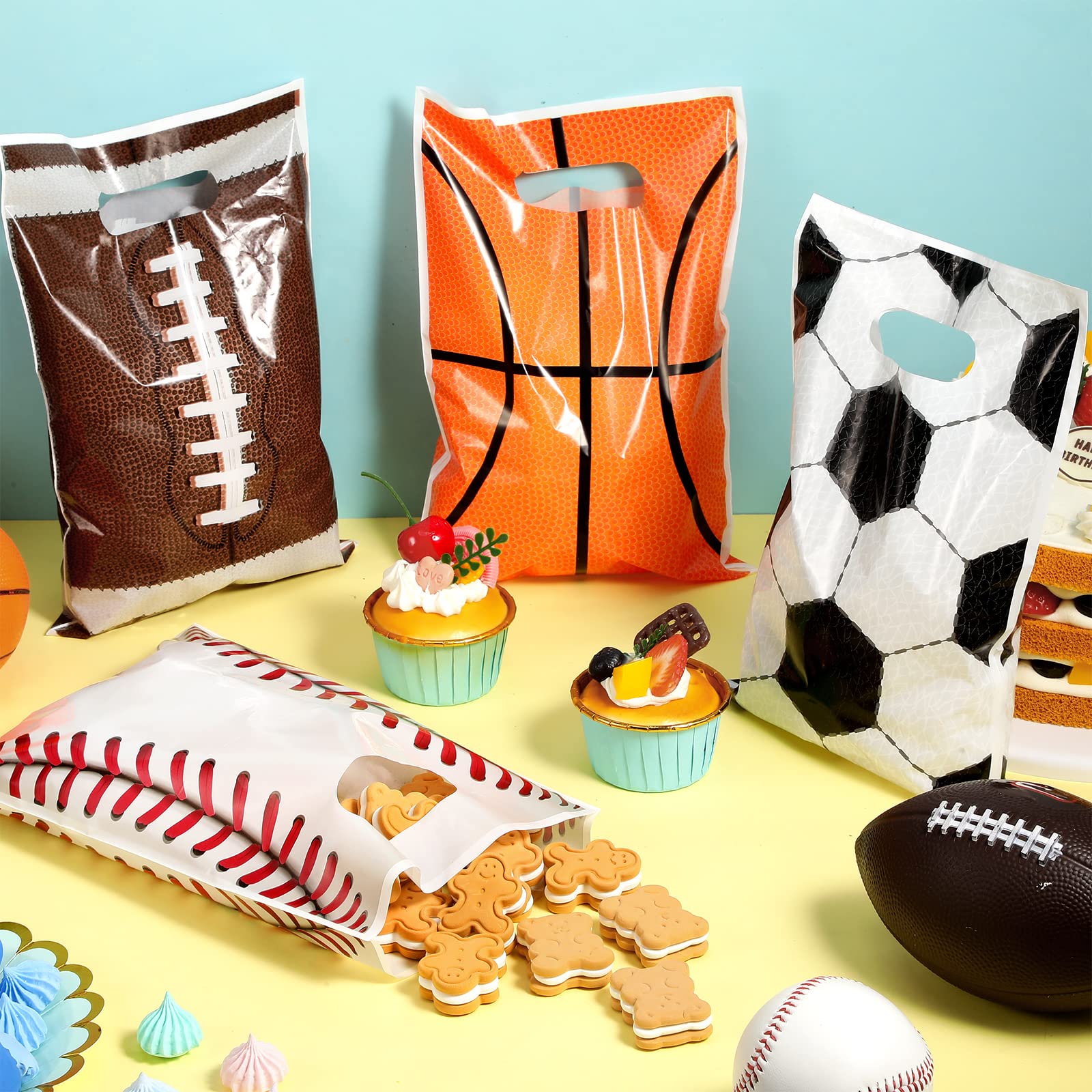 100 bolsas de regalo de fiesta deportiva de fútbol, bolsas de plástico para golosinas, a granel con asas para béisbol, baloncesto, eventos temáticos, bolsas de regalo, suministros de cumpleaños, 4