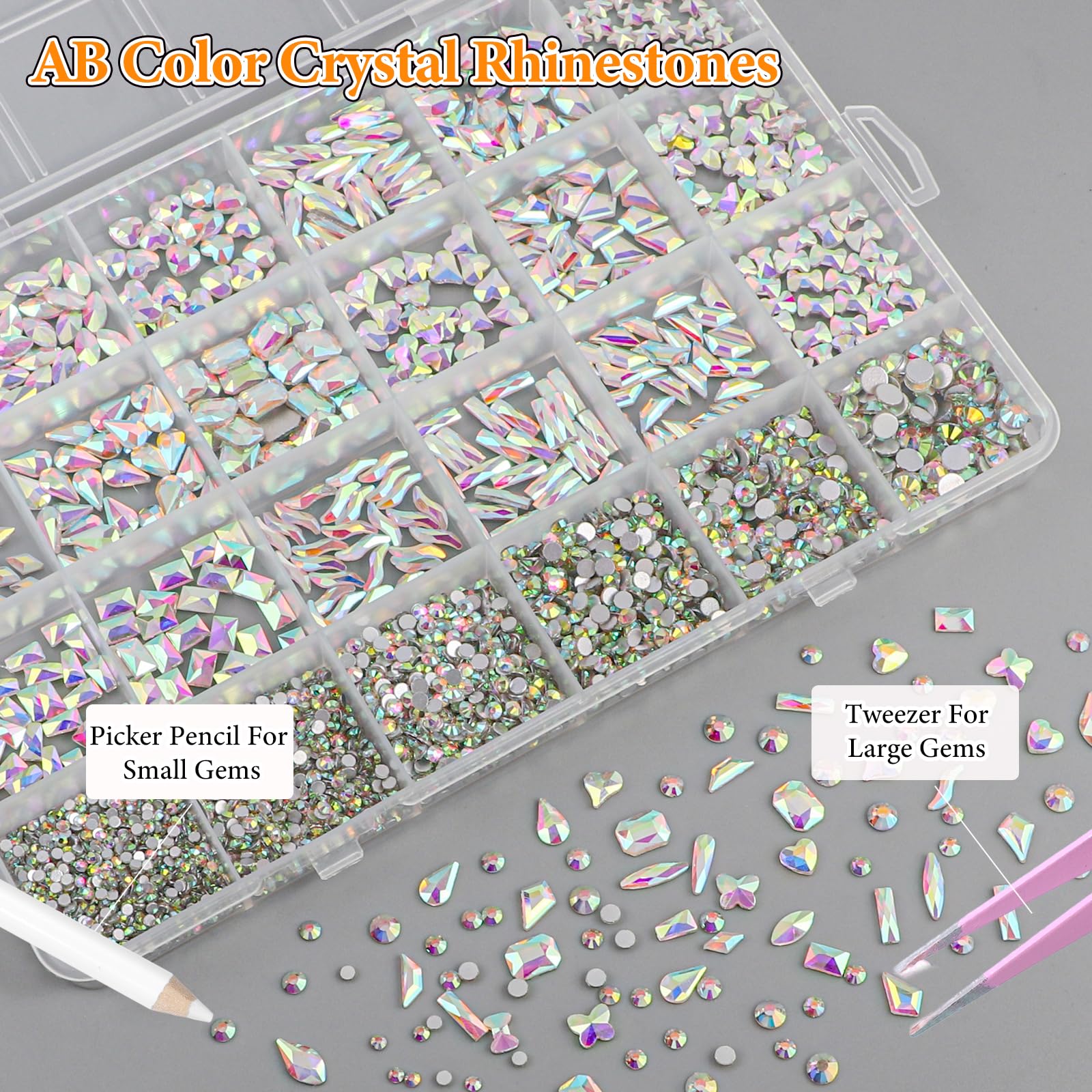 AB-Colors - Kit di strass per nail art, con retro piatto | Strass di cristallo AB con retro piatto, multi forme, diamanti per nail art, artigianato, vestiti, scarpe, gioielli