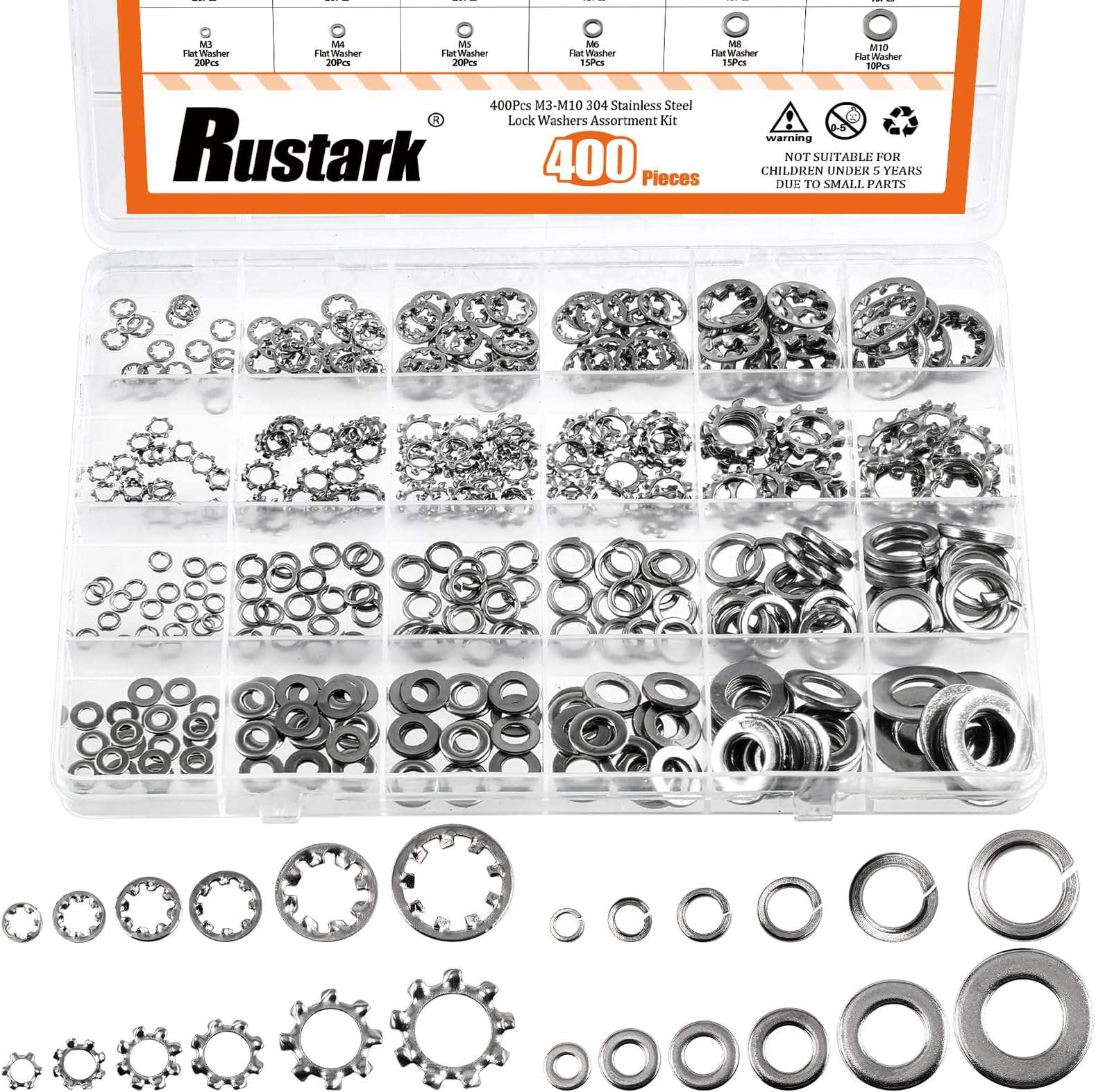 400Pcs 6 Sizes 304 Stainless Steel Metric M3-M10 External & Internal Star Washers & Split Lock Washer & Flat Washer Assortment Kit Spring Lock Washers for Home Industry Construction
