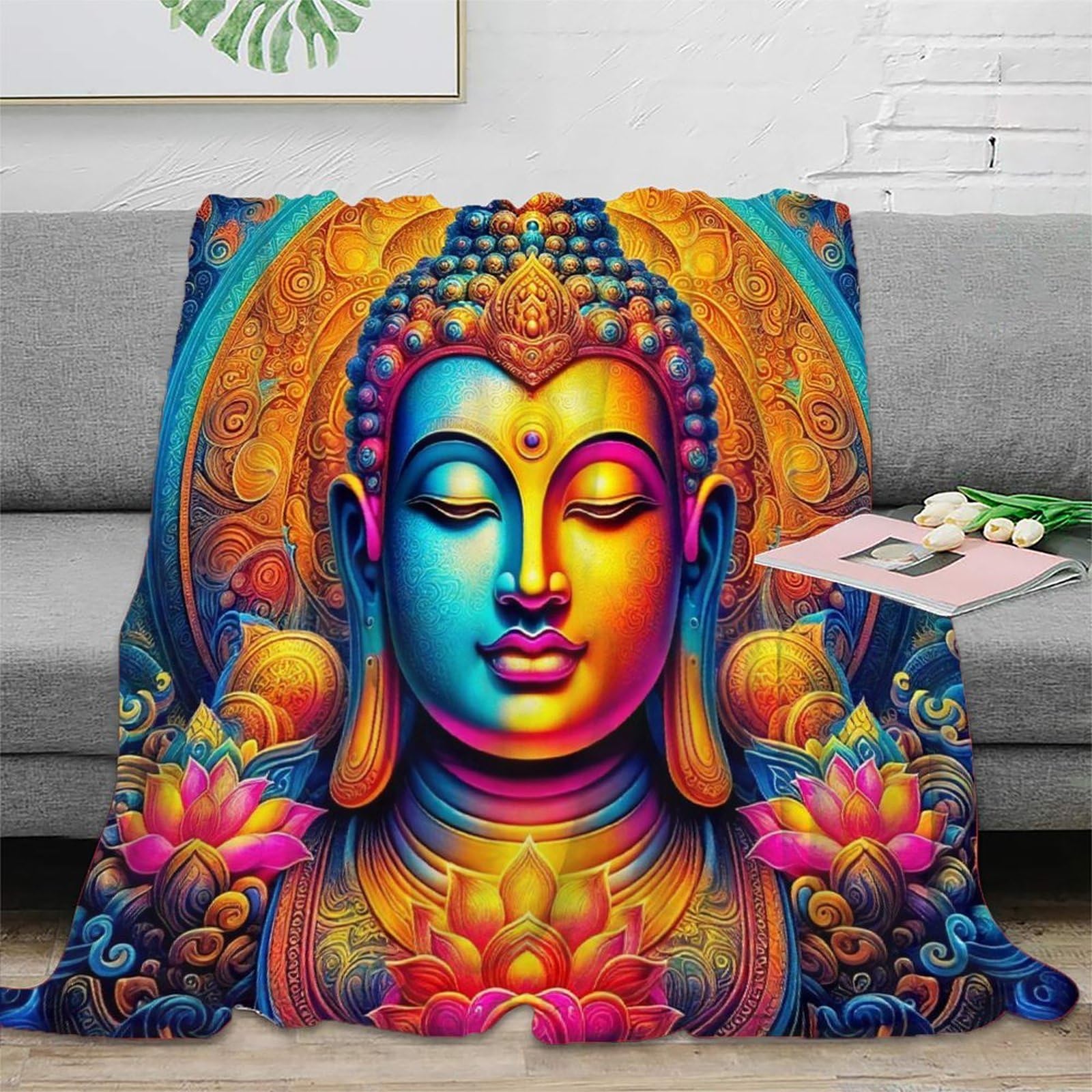 Couverture Bouddha anti-froid grand plaid microfibre chaud pour lit adulte 150x200cm