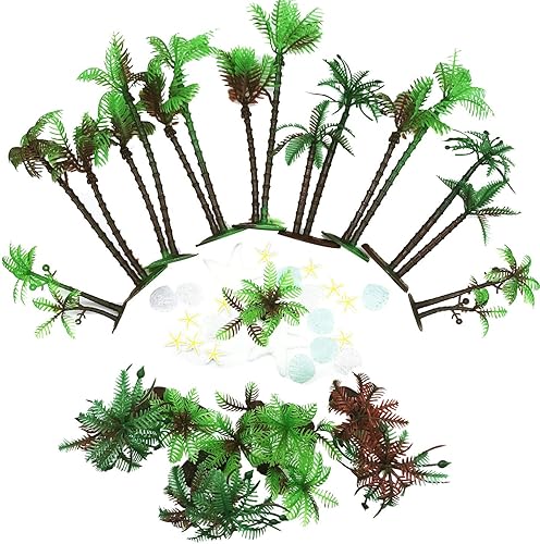 Allazone 42 palmeras de coco, 20 mini palmeras artificiales de plástico, 22 piezas de conchas y estrellas de mar para decoración de cupcakes,
