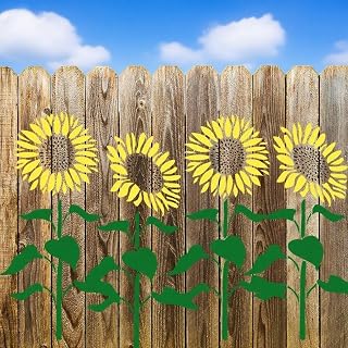14x14 inch Large Wall Flower Stencils for Painting on Wood Jumbo Sunflower Floral Fence Stencils for Outdoors Garden Mural Walls Lace Crafts Reusable Home Canvas Furniture Paper (Sunflower 5pcs)