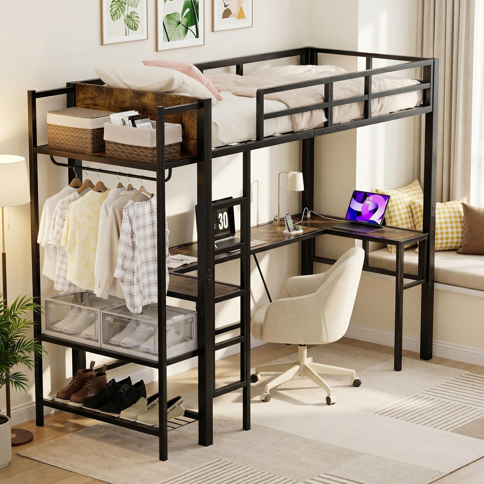 DORAFAIR Lit Mezzanine 90x200 cm avec Bureau et USB, Lit Gain de Place, Noir