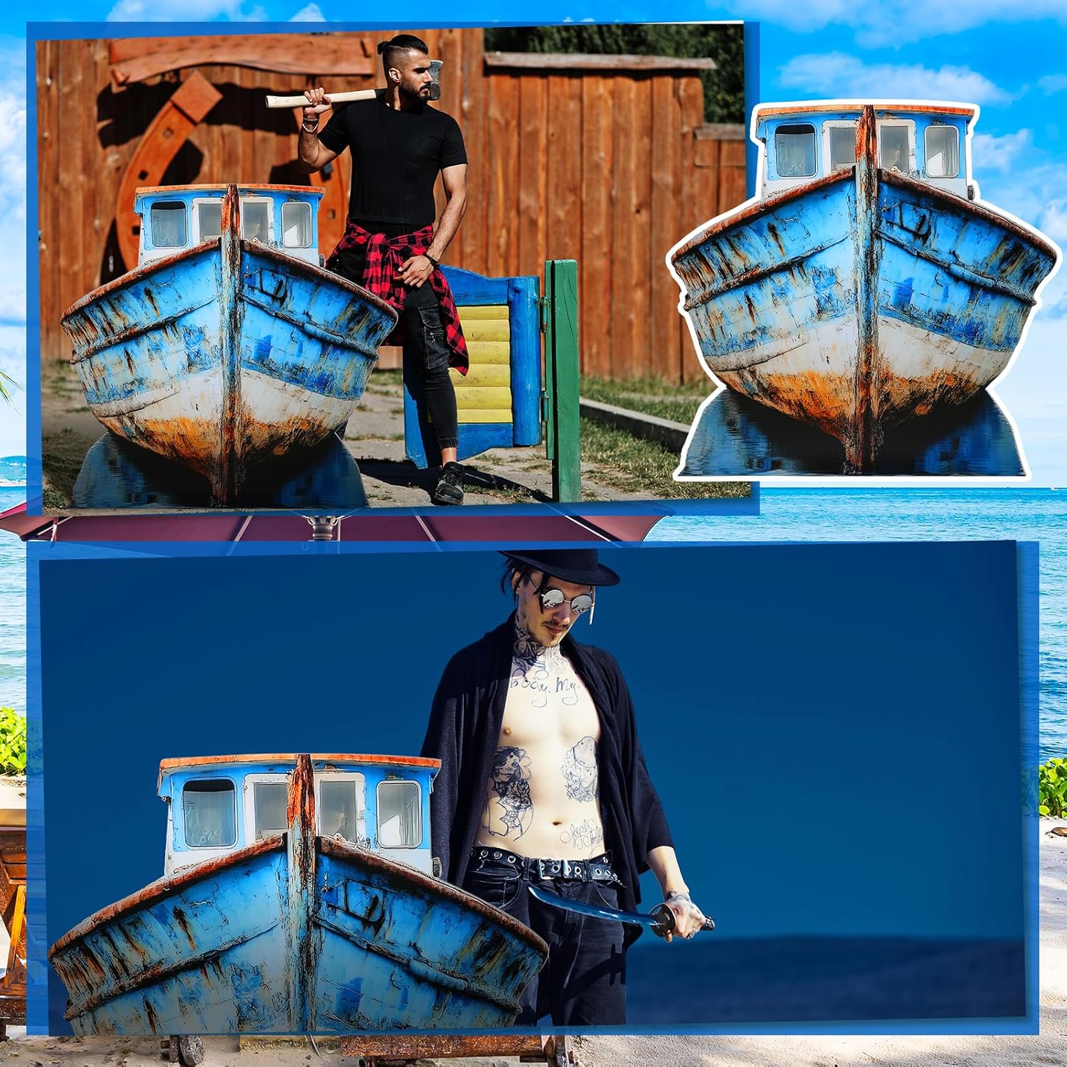 4ft 3D Old Pirate Fishing Boat Cardboard Cutout Stand-up Beach Nautical-Inspired Events Camping-Themed Boat Stand up Photo Props for VBS Vacation Bible School Halloween Party Supplies