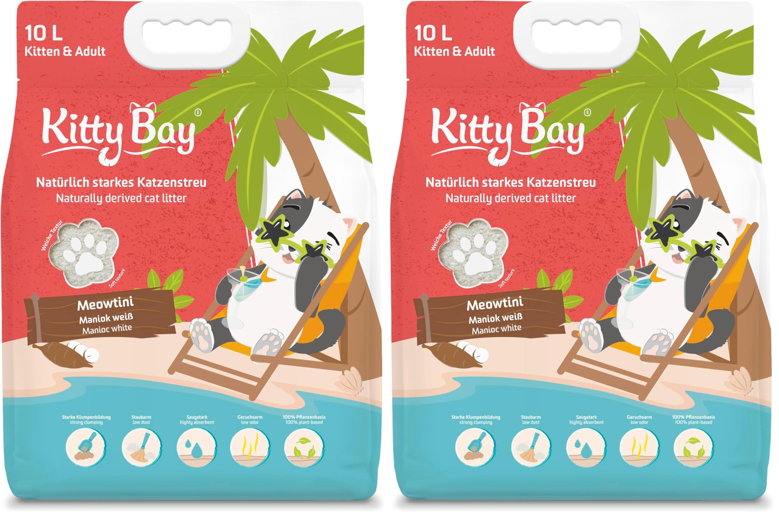 Meowtini - Lettiera per Gatti Eco agglomerante e Senza Polvere, Bianco manioca, 10 Litri (Confezione da 2)