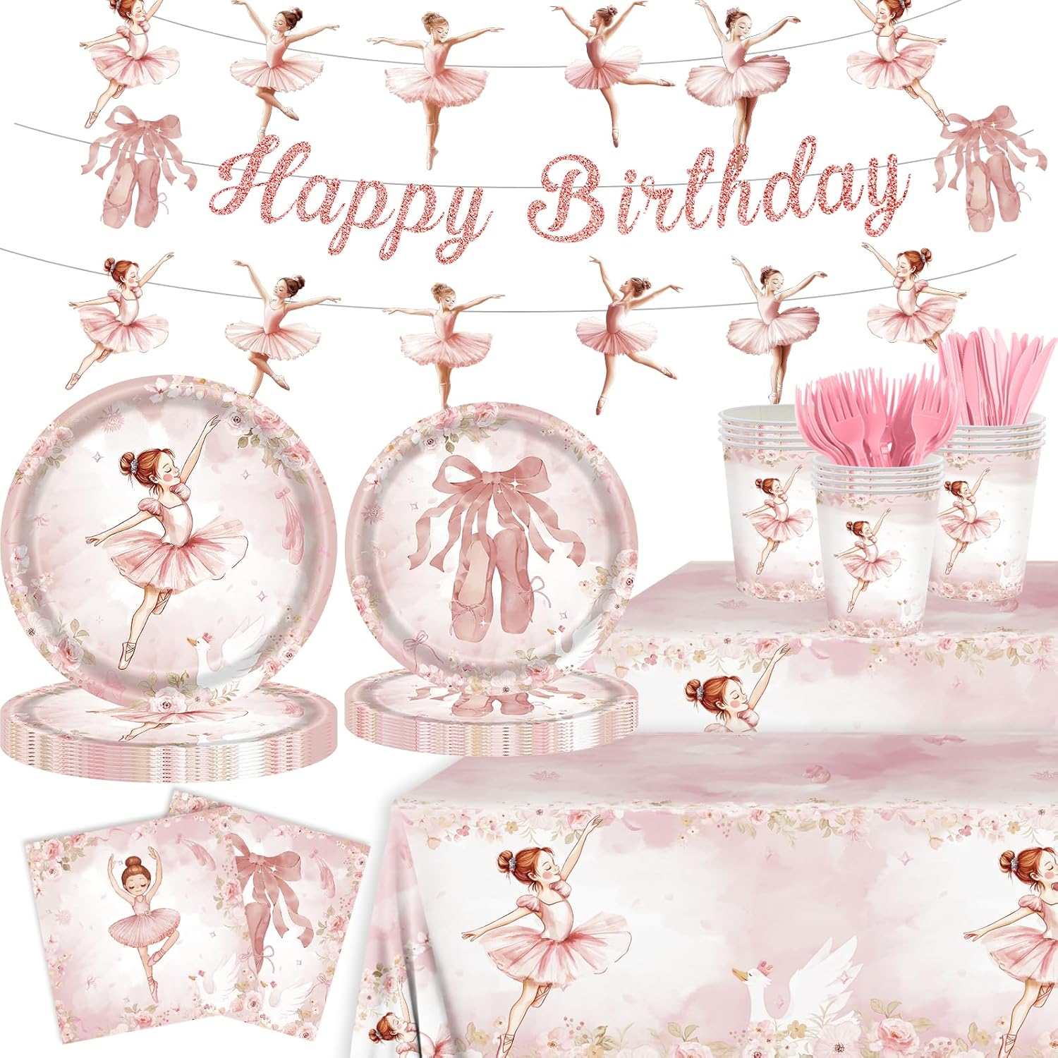 147Pcs Ballerina Birthday Party Decorations Tableware Set Include Banner-Plates-Cups-Napkins-Tablecloth-Forks and Knives for Ballet Birthday Party Supplies