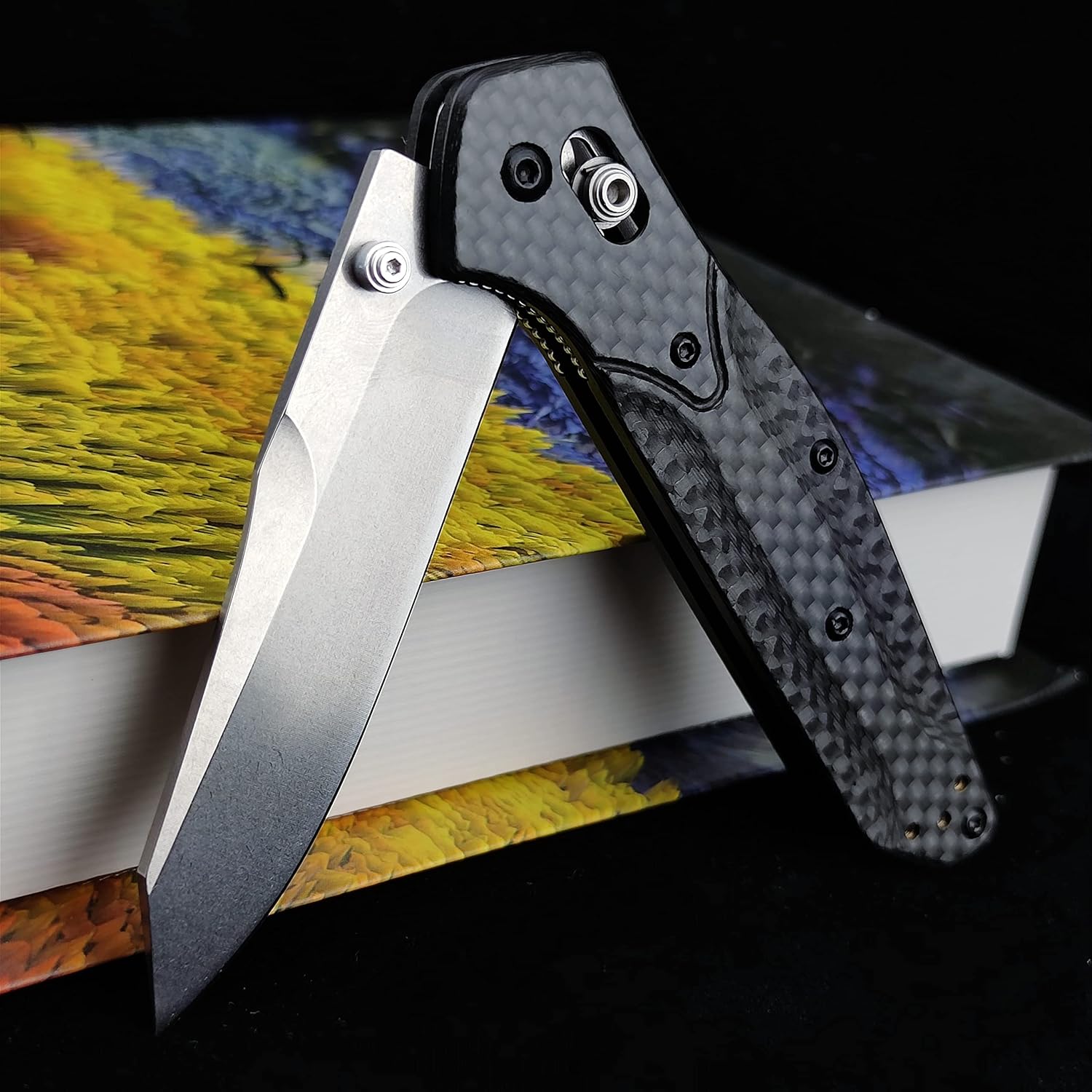 HUAAO Manually Operated Button-Lock Knife EDC Folding Pocket knives For Men, D2 Reverse Tanto Blade, Plain Edge,Satin Finish, Black Carbon Fiber Handle With Deep Carry Pocket Clip