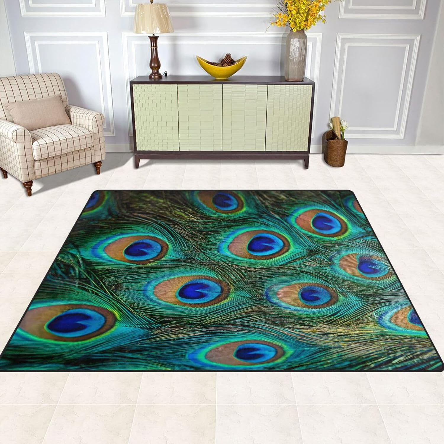 ALAZA Oil Painting Green Peacock Blue Non Slip Area Rug 4'10" x 6'8" for Living Dinning Room Bedroom Kitchen Hallway Office Modern Home Decorative