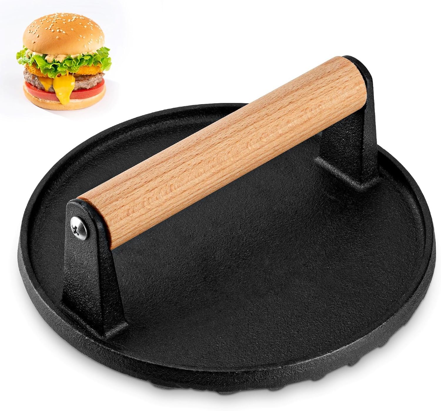 Burger Press Round Hamburger Patty Maker Heavy-Duty Cast Iron Grill Press of Griddle Bacon Meat Steak Smasher Weight Press with Wood Handle (Round)