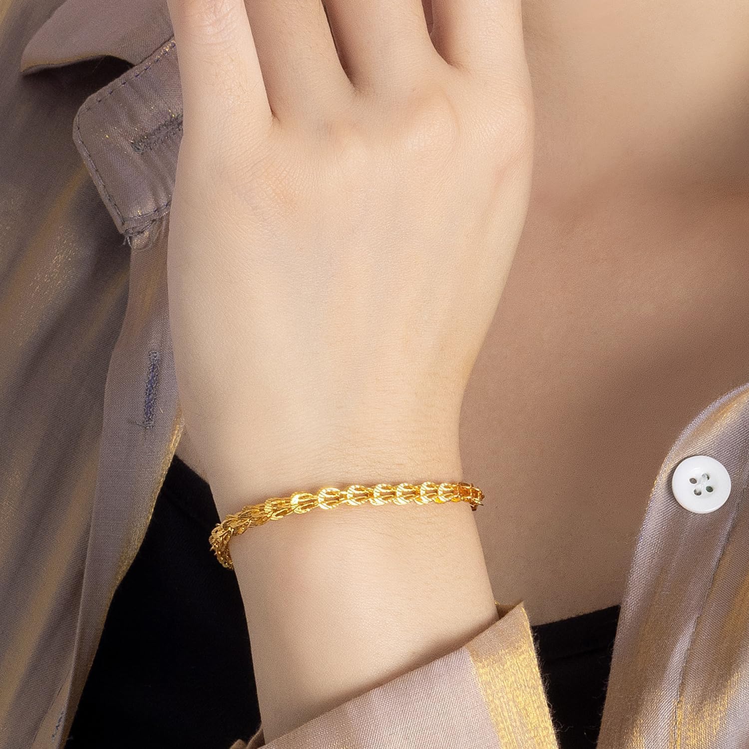 Dainty Women 24K Gold Over 925 Sterling Silver 4MM Mesh Link Chain Bracelet Wheat/Twist Rope Chain Dense Design Sizes 6.3-9 Inch Jewelry Gifts - Image 2