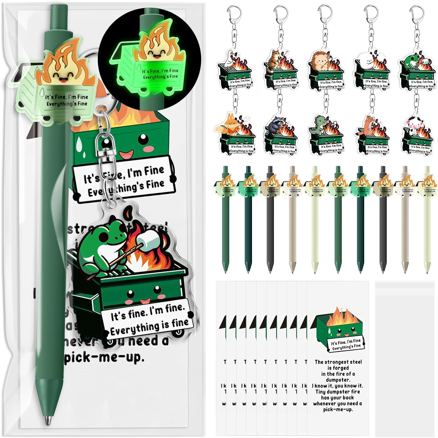 Sayglossy 60 Sets Luminous Dumpster Fire Gifts for Social Worker Funny Ballpoint Pen Keychain Emotional Bookmark Bulk for Office Employee Coworker Response Team Dispatcher Teacher Friend