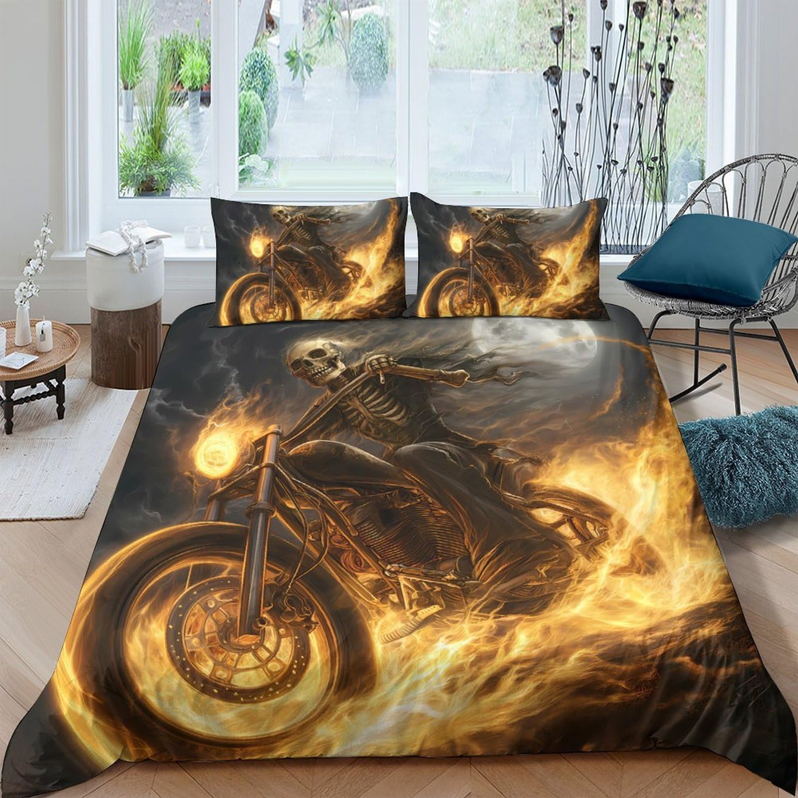 GPLZQXKJNH 3D Printed Flaming Motorcycle Duvet Cover Microfiber Soft Breathable Skull Rider Bedding Set with 2 Pillowcases for Bedroom Decor Single（135x200cm）