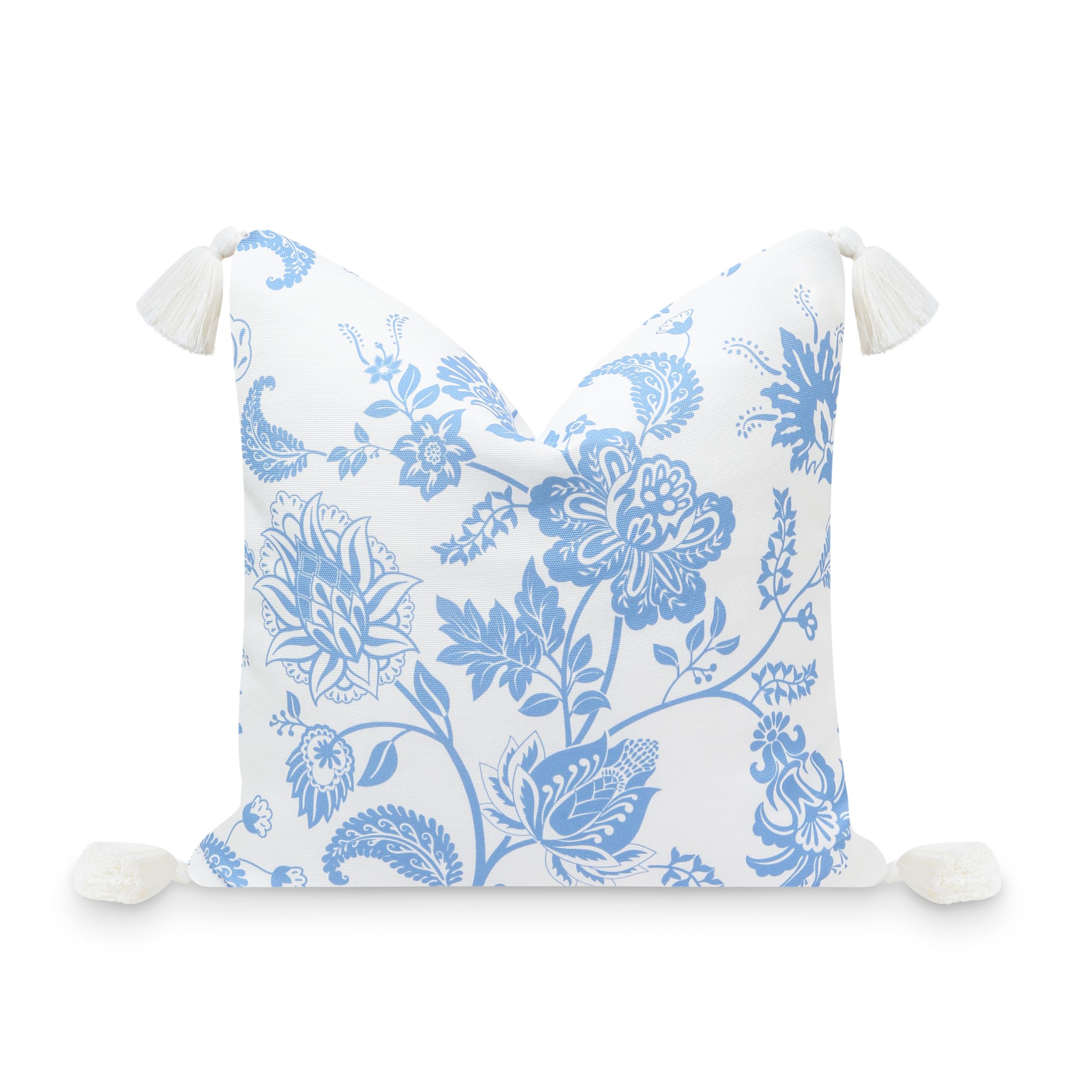 Hofdeco Premium Coastal Patio Indoor Outdoor Pillow Cover Only, 18"x18" Water Repellent for Backyard, Couch, Cornflower Blue Floral Tassel
