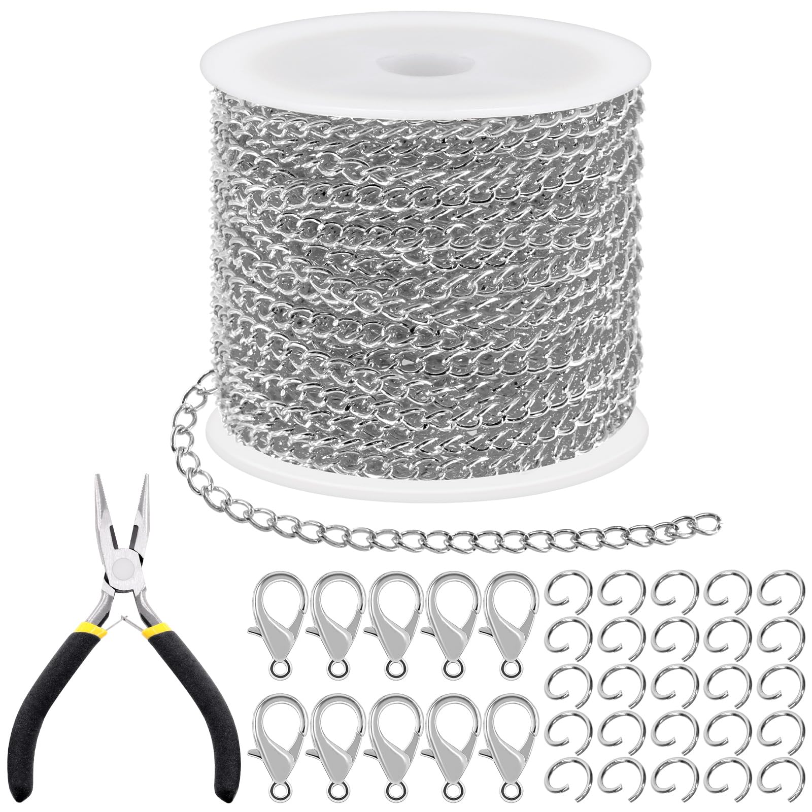 Tanstic 102Pcs 30 Feet Jewelry Making Chains Necklace Chains Bulk Cable Link Chain with 50Pcs Jump Rings, 50Pcs Lobster Clasps, Pliers for Bracelet Necklace Making(White) — image 1