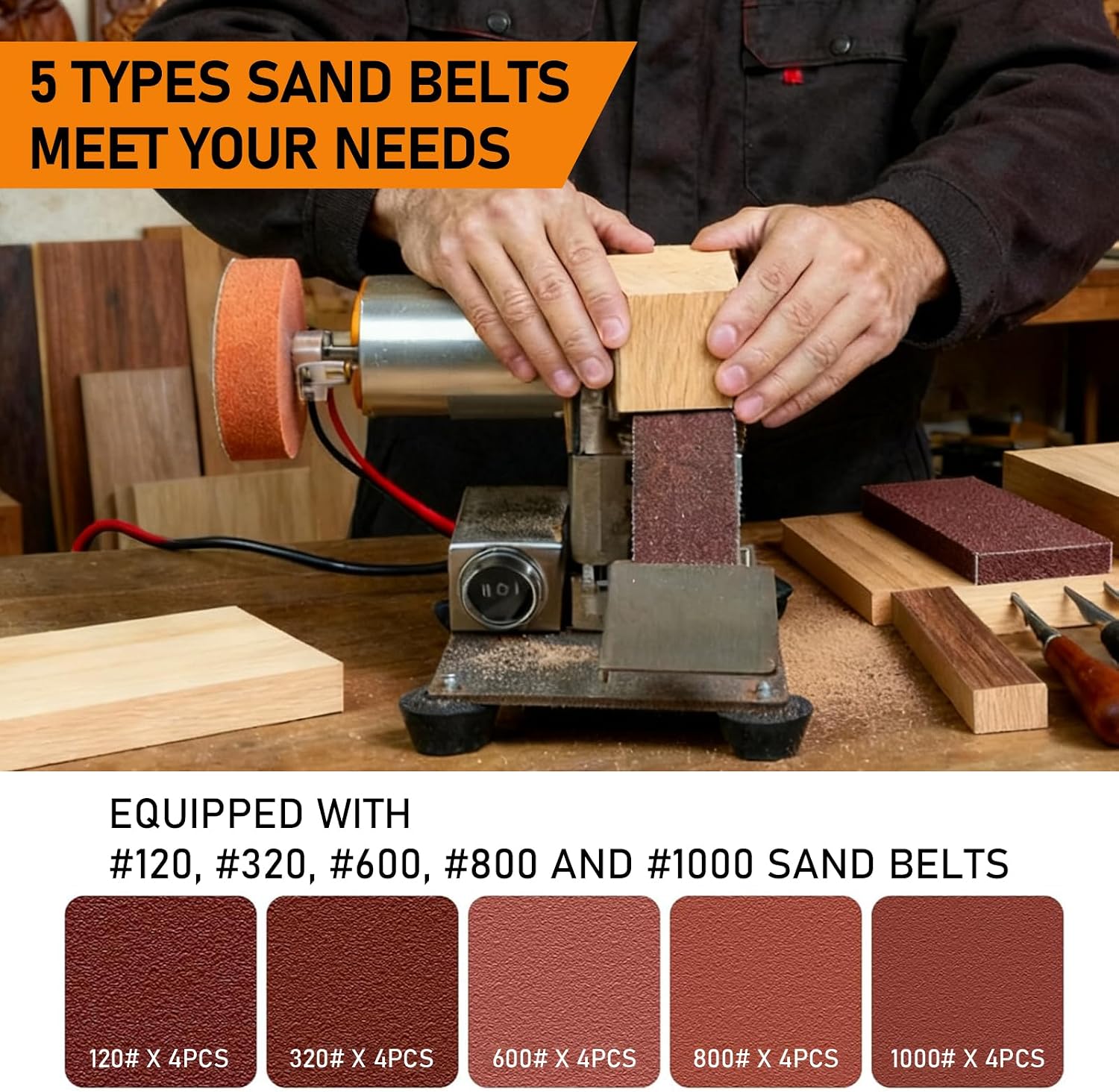 Mini Belt Sander 110V, 7 Speed Adjustable Electric Knife Sharpener, Portable Multi-Function Grinder with Polishing Wheel for Woodworking Metal Polishing Deburring