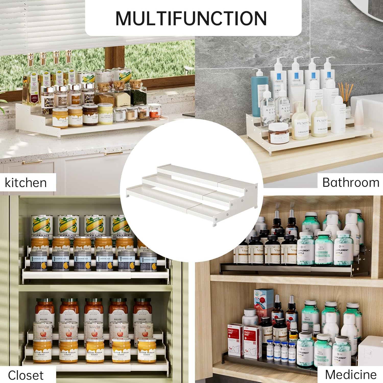 Expandable Carbon Steel Spice Rack Organizer for Pantry, Adjustable 3-Tier Ladder Shelf,Holds Up to 24 Cans,Kitchen Countertop Organizer, Rustproof Storage Rack for Spices, Cans, Sauces & Dry Goods