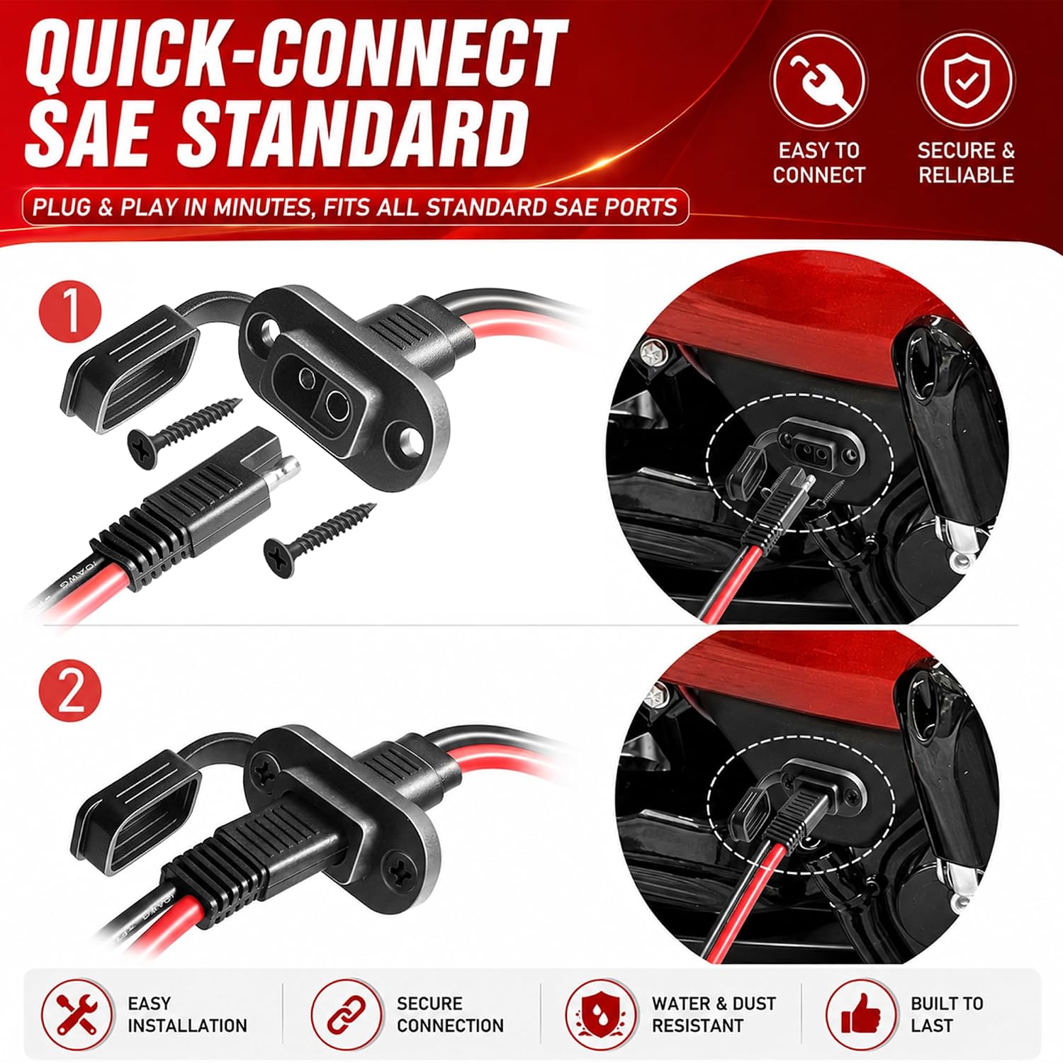 SAE to O Ring Connector 6FT 10AWG, SAE Battery Quick Connect Plug Waterproof Extension Cable for Solar Panel, Street & Road Glide Motorcycle Charging Port Upgrade, RV, Solar Generator Battery Charger