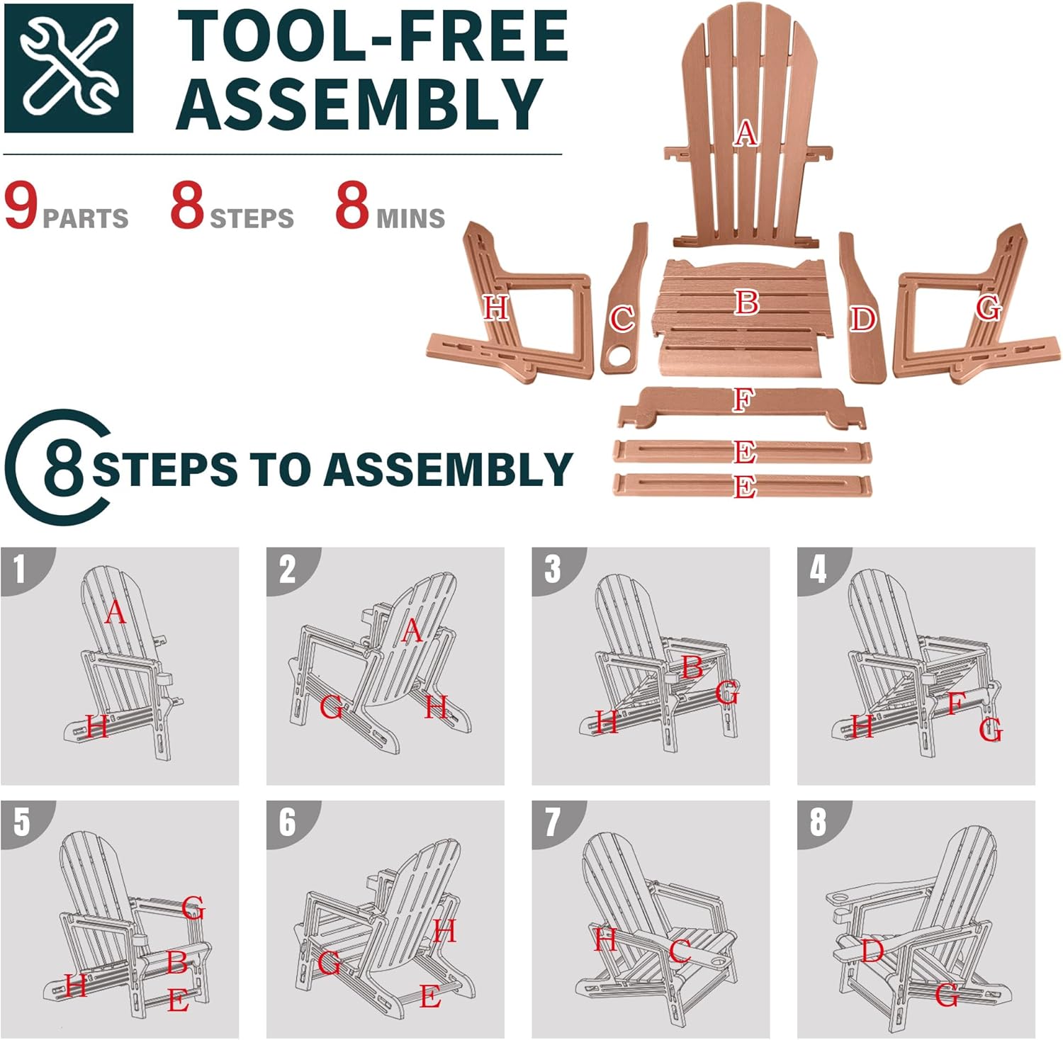 Adirondack Chair with Cup Holder,Tool-Free Assembly,No Screws Needed,All-Weather HDPE Plastic Outdoor Patio Chair,Wood-Grain Slatted Look,Easy to Take Apart for Storage,Fire Pit Chairs(Coffee Brown)