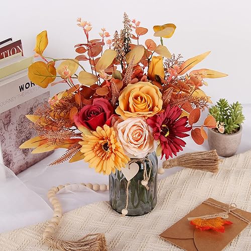 Miniatura 2 de Flores artificiales en jarrón, flores sintéticas con jarrón, arreglos de rosas naranjas de otoño de seda para decoración del hogar en interiores,
