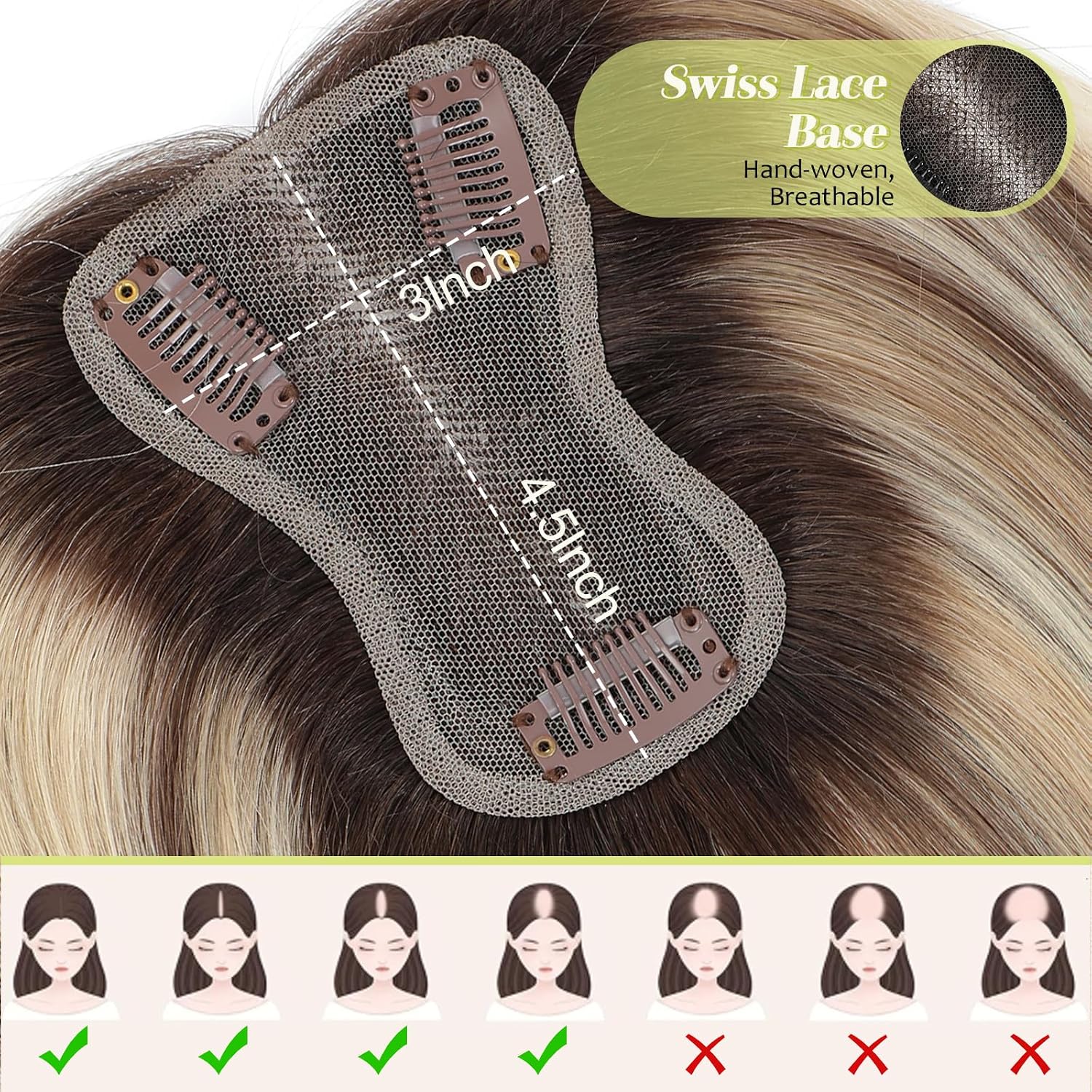 Real Human Hair Toppers for Women with Thinning Hair 3 * 4.5 Inch Upgrade Swiss Lace Base Toppers No Bangs for Cover Gray Hair Roots (613#)