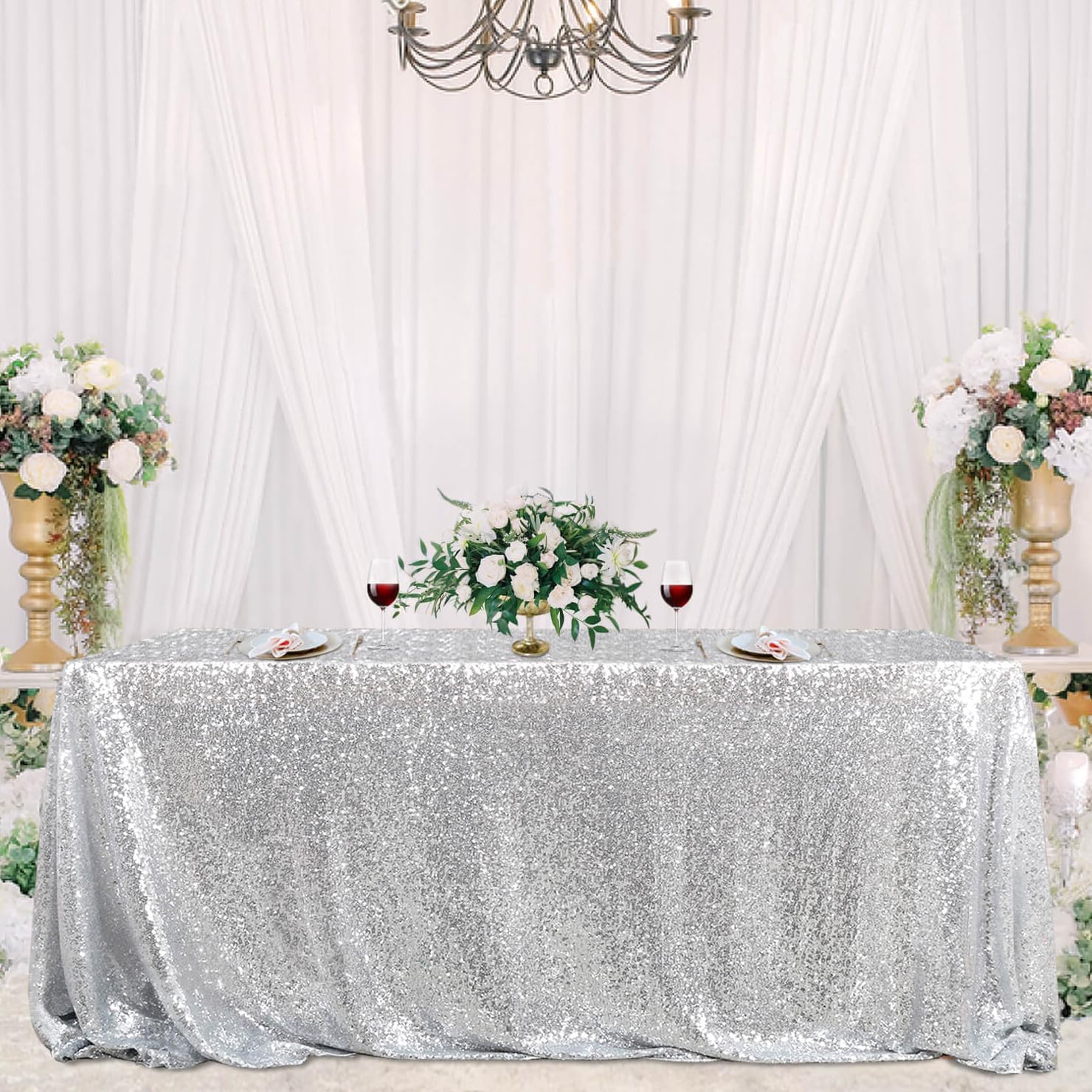 Fanqisi Silver Sequin Tablecloth Party Decorations - Christmas Rectangle Silver Table Fabric Overlays Halloween Centerpieces Indoor Outdoor Table Skirts 90x132 Inches