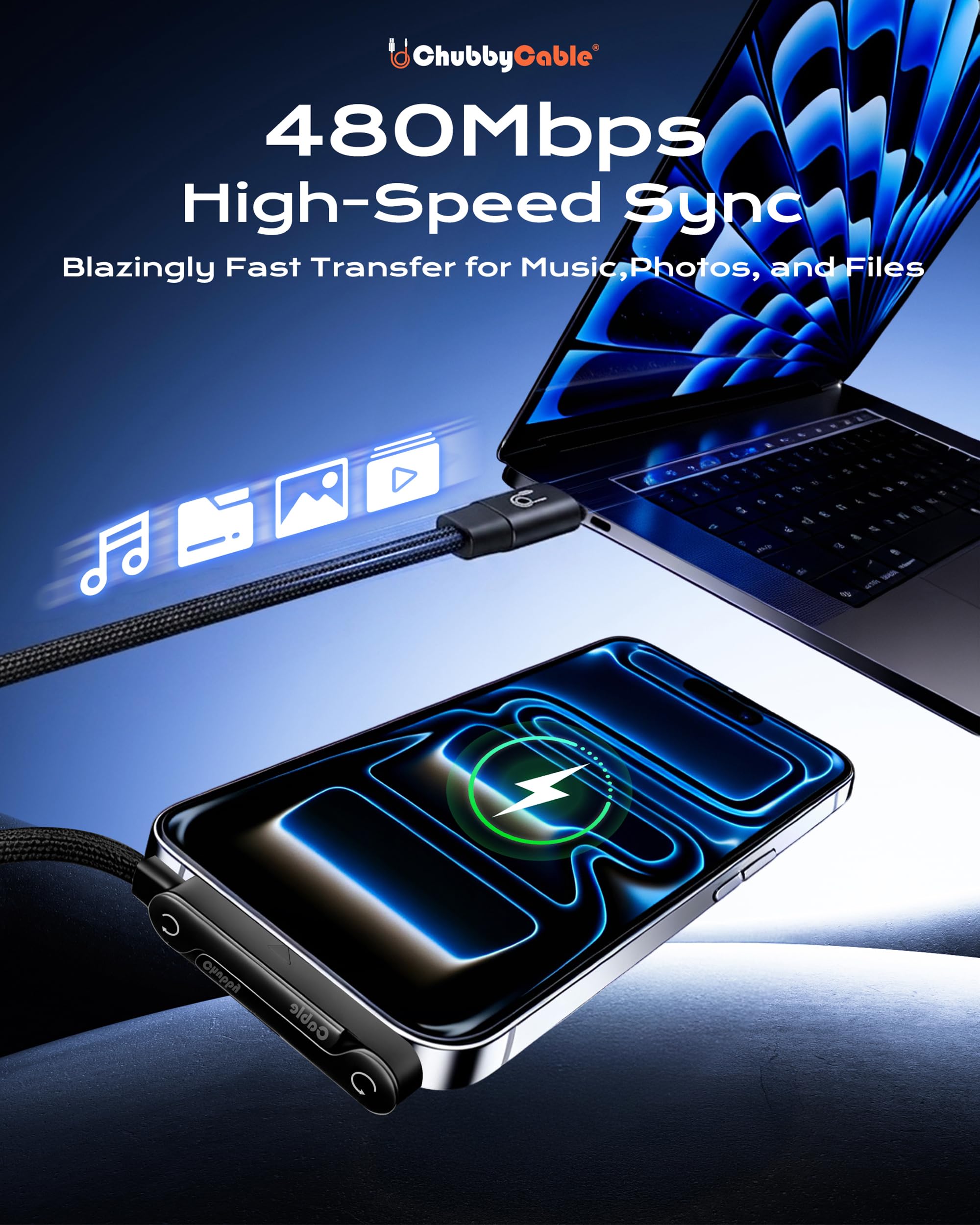 chubbycable StandLite - Cavo di ricarica rapida intrecciato da 240 W con supporto per telefono integrato, a forma di T, pieghevole, durevole, cavo USB-C a 90 gradi, cavo di ricarica multifunzione ad