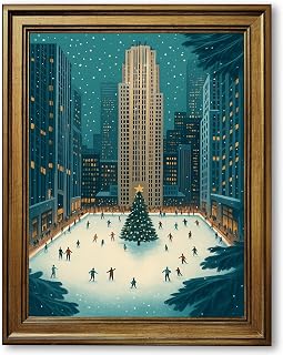 Framed Winter Ice Skating Rink Poster Canvas Print Art Modern Wall Art Painting Trendy Exquisite Christmas Tree Wall Decor Home Decoration Pictures for Living Room Apartment (Retro Framed,12L x16W)