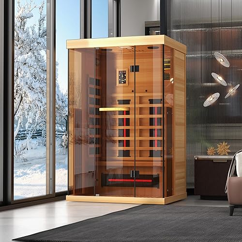 Infrared Sauna, 1-2 Person Home Sauna with 10 Minutes Warm-up Heater Tubes&Panels, Personal Sauna Spa Room for with 2-in-1 Door Handle, Canadian Hemlock and Panoramic Tempered Glass,120V