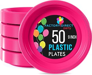 Exquisite Party Solids Hot Pink Plastic Plates For Party Supplies 9" Hot Pink Disposable Plates Heavy Duty 50 Pcs Plastic Dinnerware Sets Heavy Duty 350 GSM Disposable Dinnerware Set