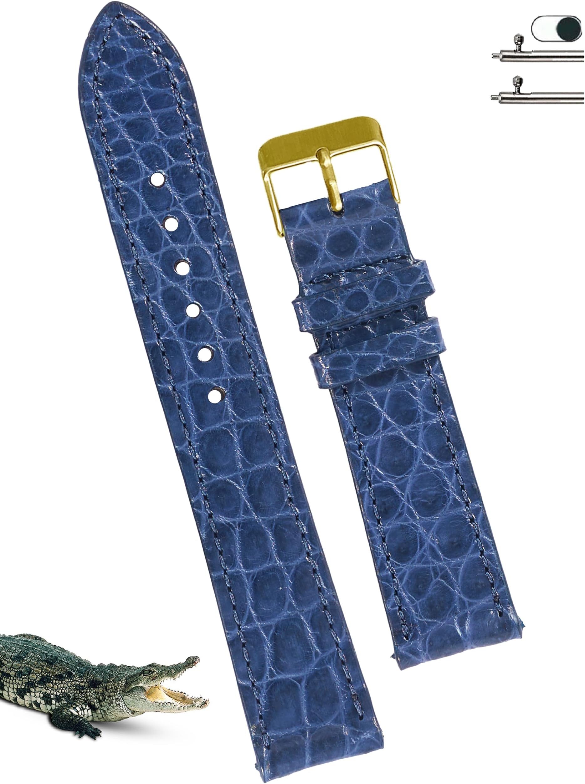 19mm Blue Flat Alligator Belly Leather Watch Band Men Quick Release Slim Crocodile Exotic Replacement Wristwatch Strap Premium Handmade DH-24G-19MM