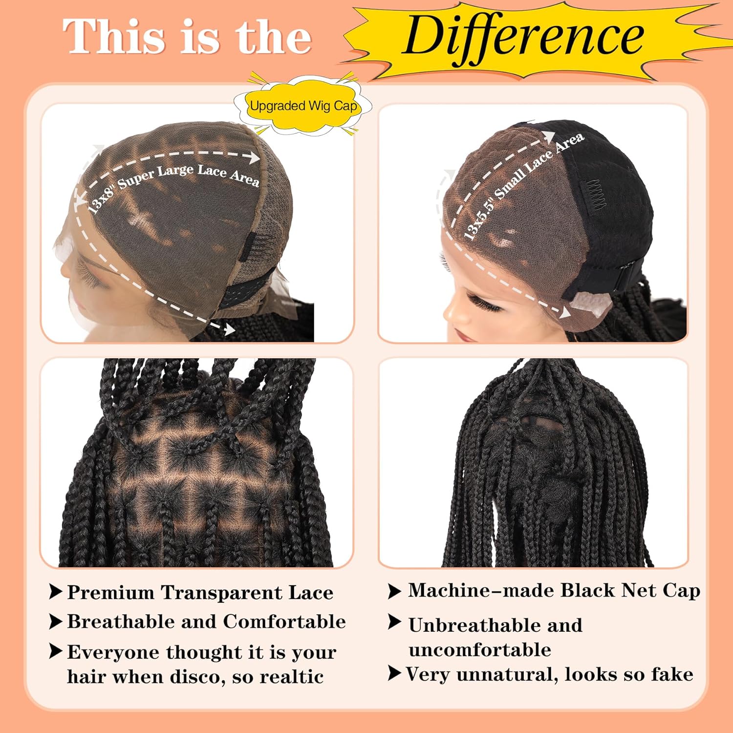 13x8‘’ HD Lace Front Knotless Braided Wigs for Black Women Box Braid Wig Boho Braided Wigs with Baby Hair Synthetic Hair Braided Lace Front Wigs with Curly End Black 36 Inch