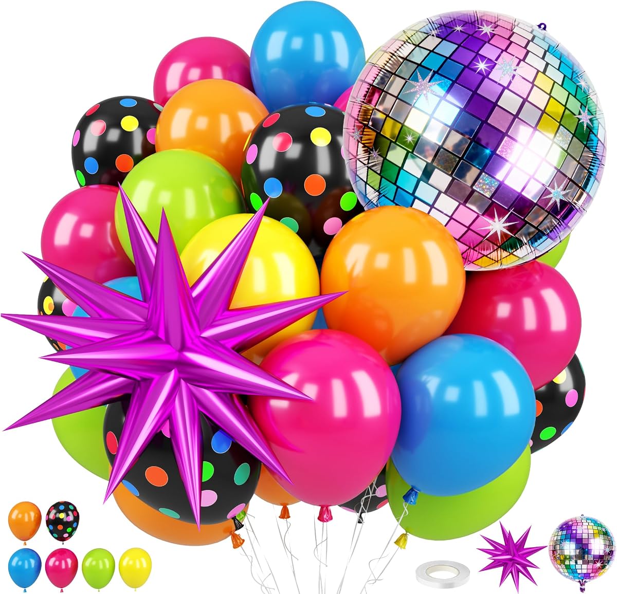 Neon Balloons for 80s 90s Colorful Birthday Retro Dance Party Decorations | Includes star and disco ball foil balloons with colorful latex, Decorations for retro dances and 80s 90s birthdays