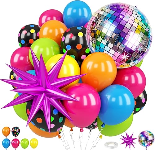 Neon Balloons, 80s 90s Disco Hot Pink Blue Green Orange Yellow Neon Dot Balloons with Star and Disco Ball Foil Balloons for 80s 90s Rock Theme Diso