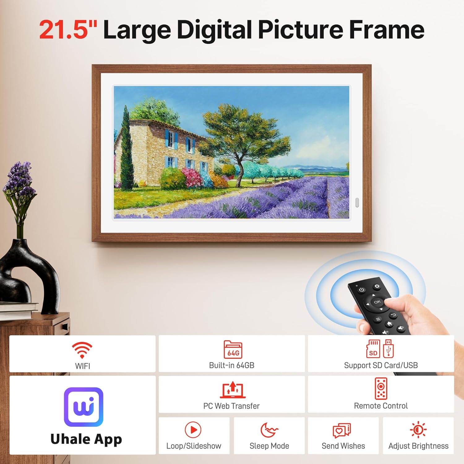 Uhale 21.5" Large Digital Picture Frame with Remote Control, 1920 x 1080 FHD IPS Display Wood WiFi Photo Frames 64GB, Wall Mounted, Auto Rotate, Support USB and SD Card, Instantly Share Photos Videos