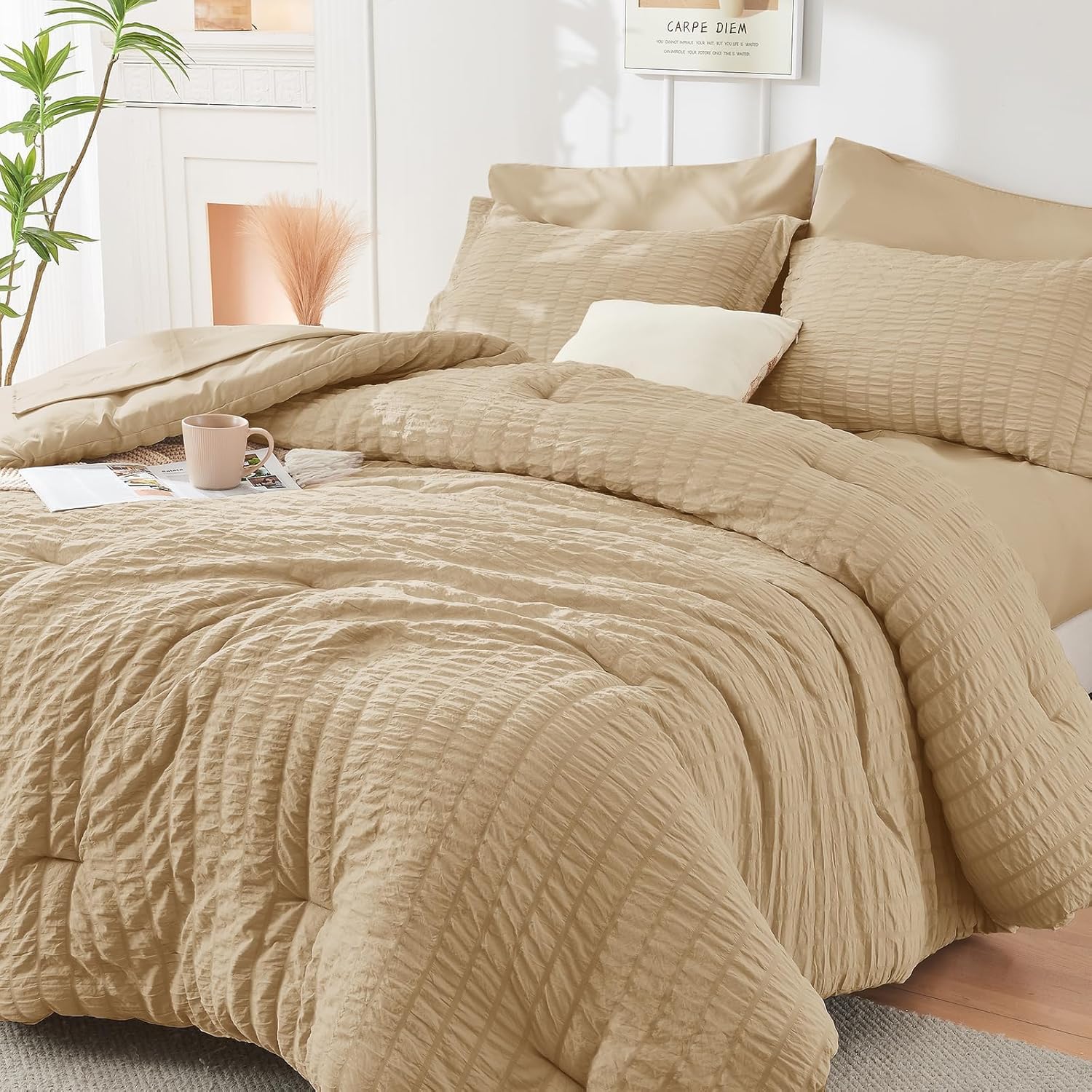 (Similar to photo)(comforter only)HYMOKEGE Khaki Queen Comforter Set Seersucker 7 Pieces, All Season Luxury Bed in a Bag Queen for Bedroom, Bedding Set with Comforter, Sheets, Pillowcases & Shams Queen(88\\\"x 88\\\") Khaki