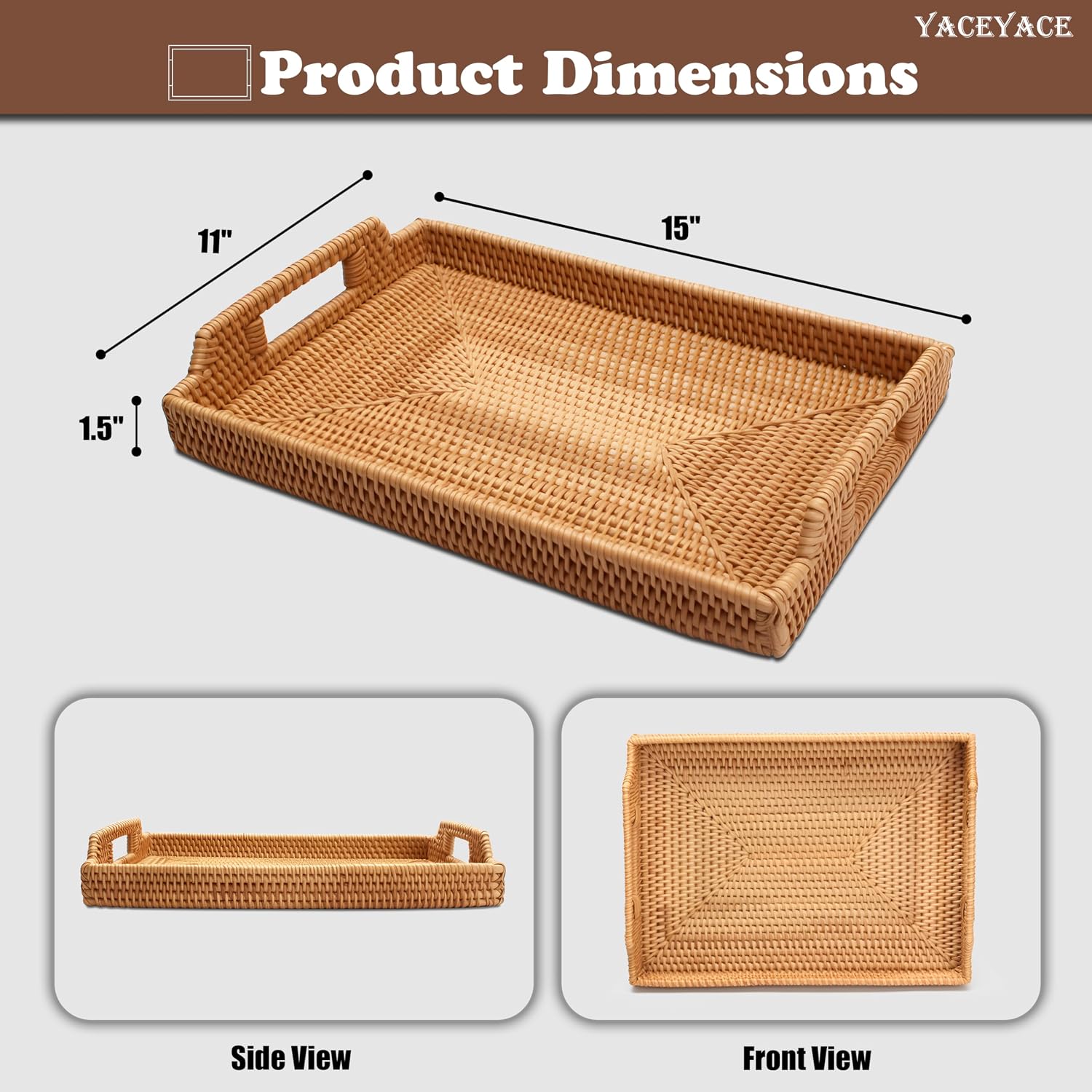 Rattan Tray Bulk, Rattan Serving Trays with Handles, Rectangular Basket, Hand Woven Tray for Home, Ottoman, Dining, 15" H x 11" L x 2" W