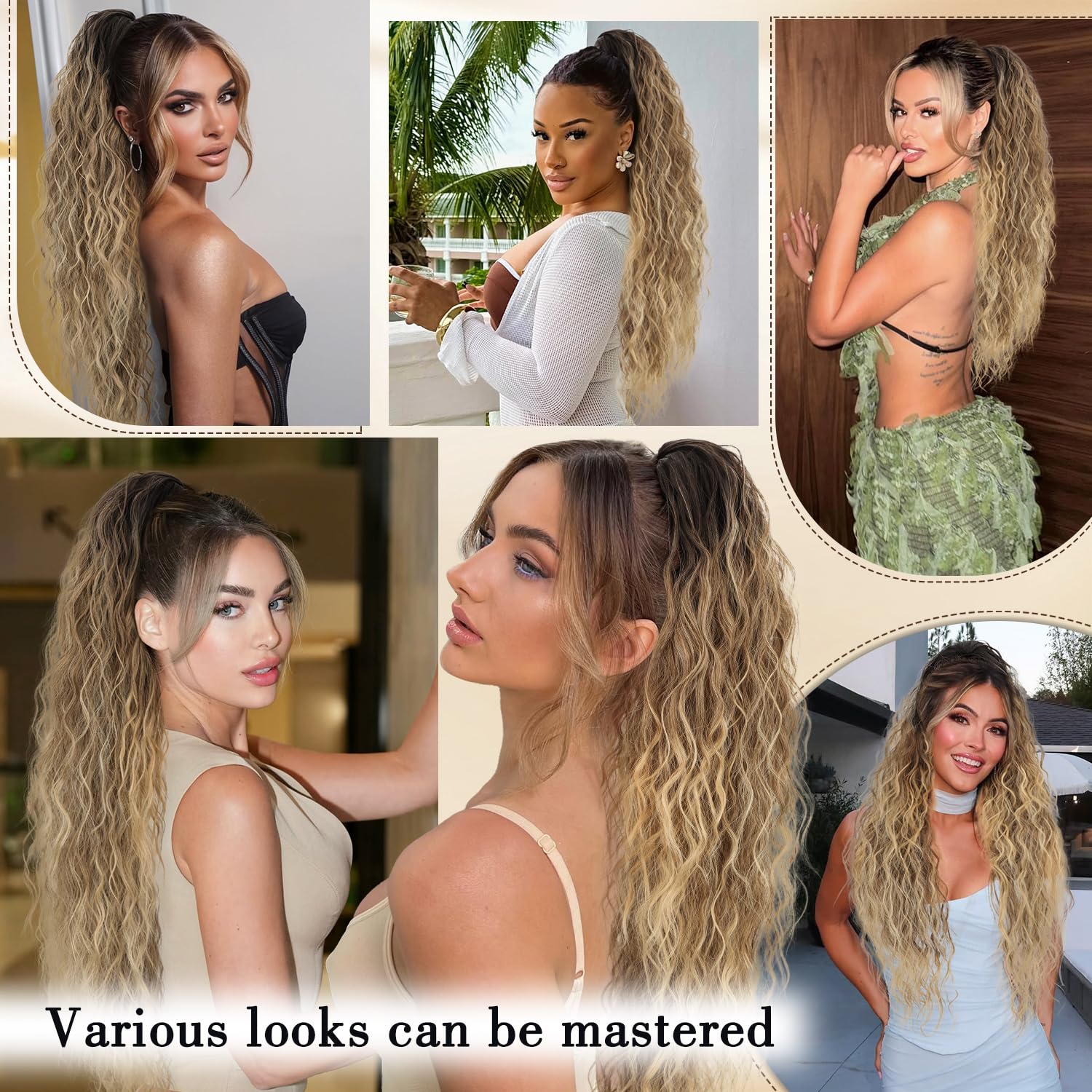 Ponytail Extension, Claw Clip Ponytail Extension 26 Inch Long Ombre Brown Curly Clip in Pony Tails Hair Extensions Synthetic Layered Fluffy Hairpieces for Women Ombre Brown Mix Blonde