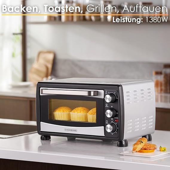 3-in-1 mini convection oven / pizza oven 20 liter capacity with removable crumb tray timer 100 - 250 °c 1380 watt top / bottom heat stainless steel design