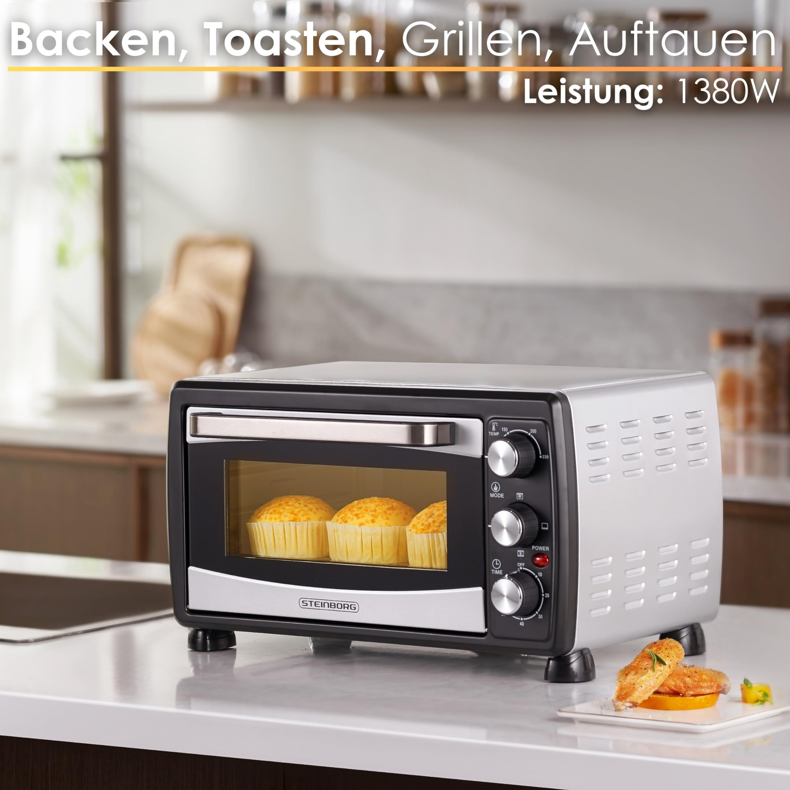 Mini horno 3 en 1 para pizza con aire circulante, 20 litros, 1380W, control temperatura 100-250°C, parrilla extraíble, temporizador 60 min, Negro