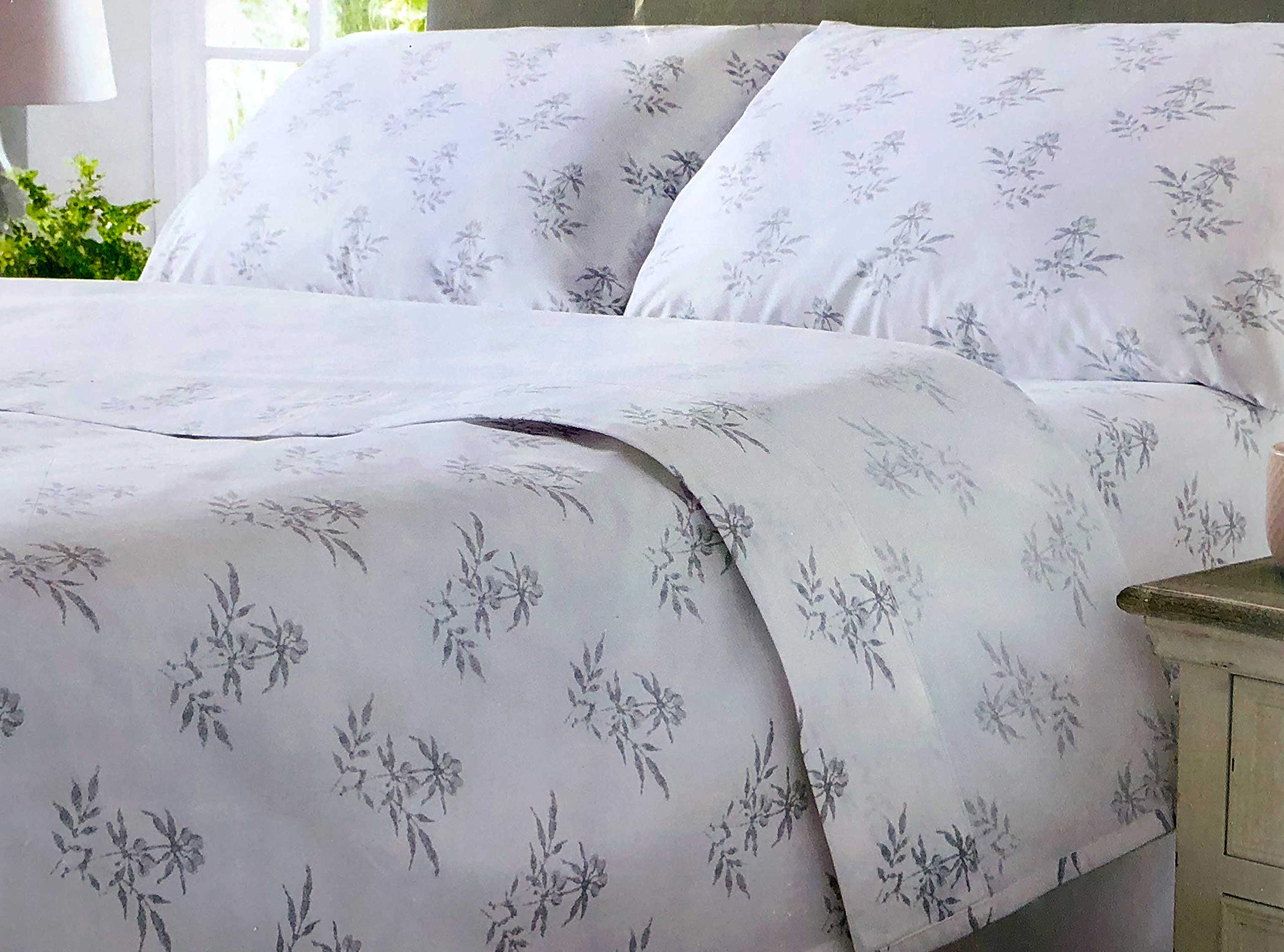 Cabbages and Roses London 4pc Sheet Set Floral Sprigs Pattern in Shades of Gray on White 100% Cotton Percale Luxury 200 Thread Count TC - Darcy Rose (King)